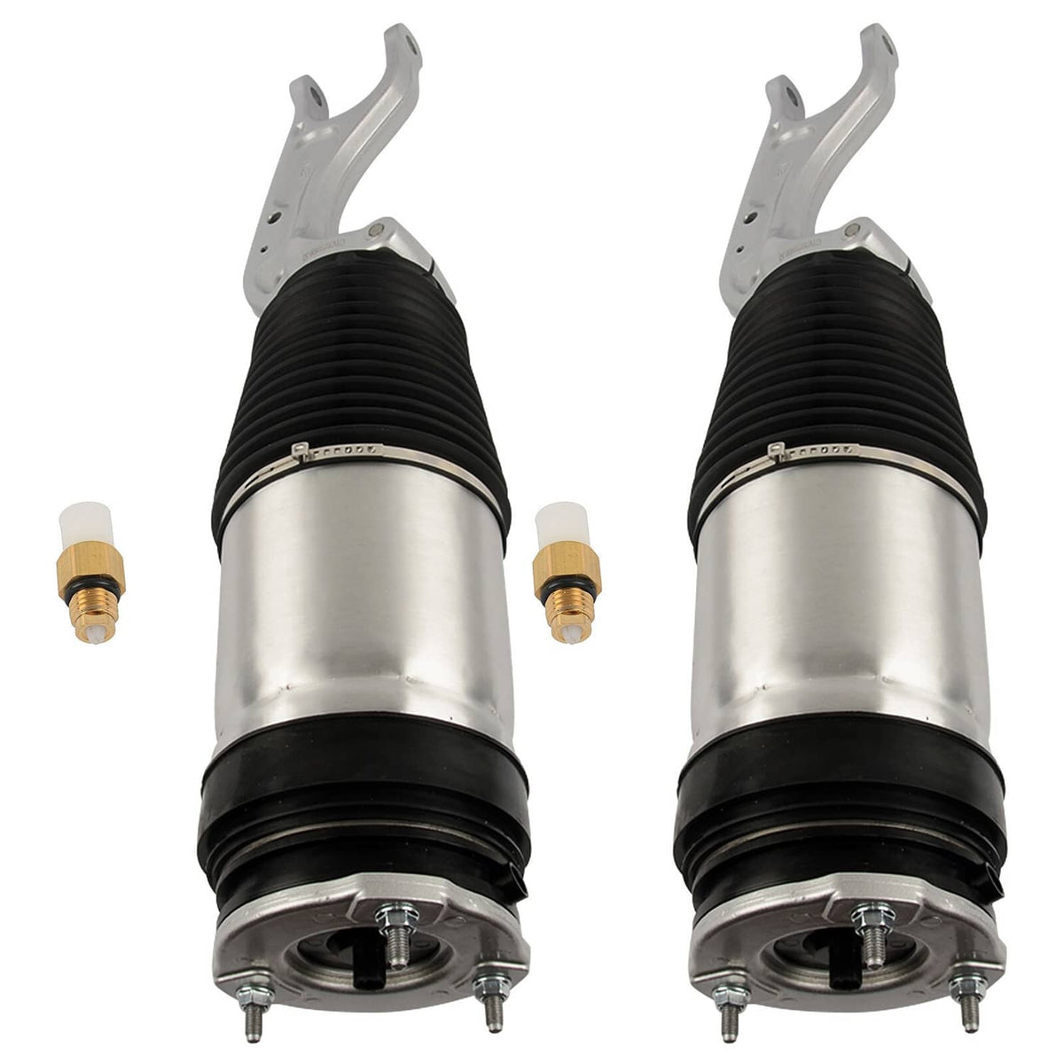 Pair of air strut shocks bottom ends shown, silver reservoirs, black bellows, gold valve caps