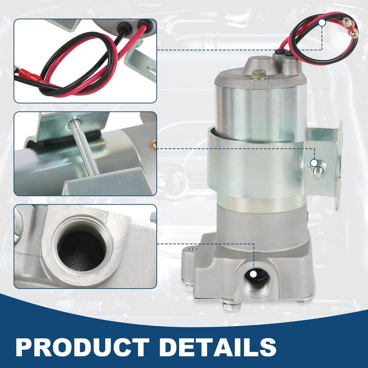 Electric fuel pump with close-up details of ports and wiring connections, silver and light blue