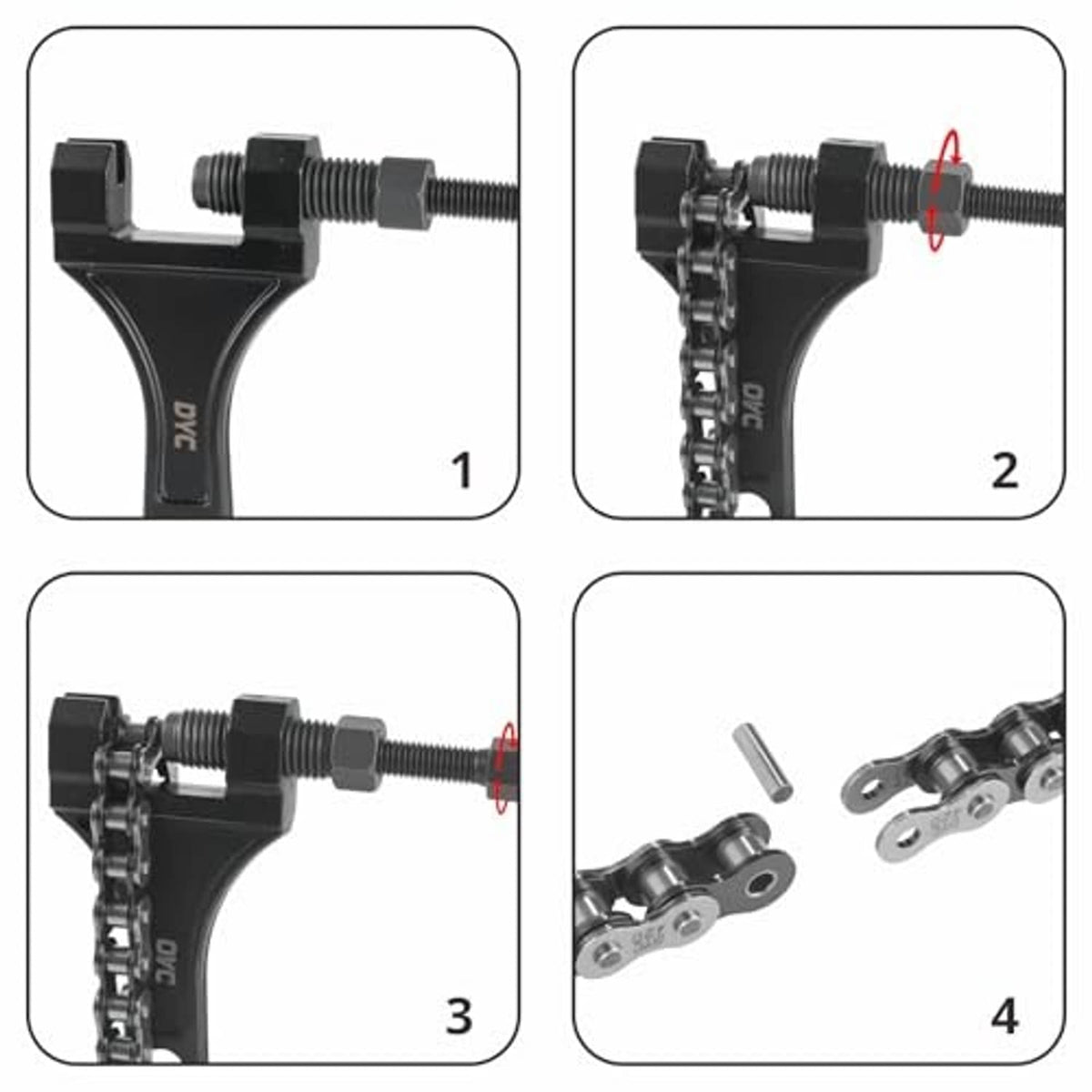 Chain tool usage steps showing adjuster and chain link installation sequence