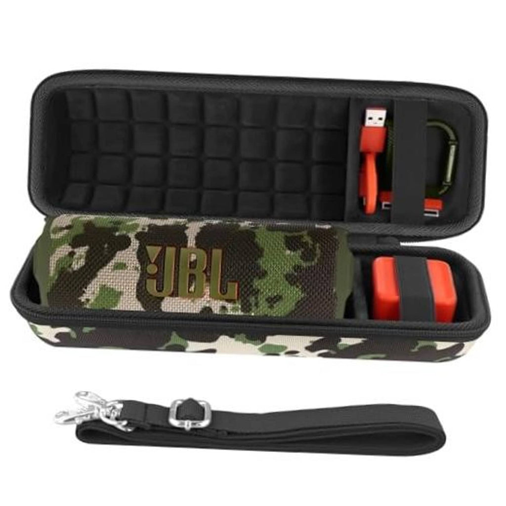 Camouflage hard speaker case with black foam lining, open zipper compartment and orange insert