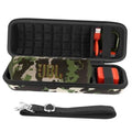 Camouflage hard speaker case with black foam lining, open zipper compartment and orange insert