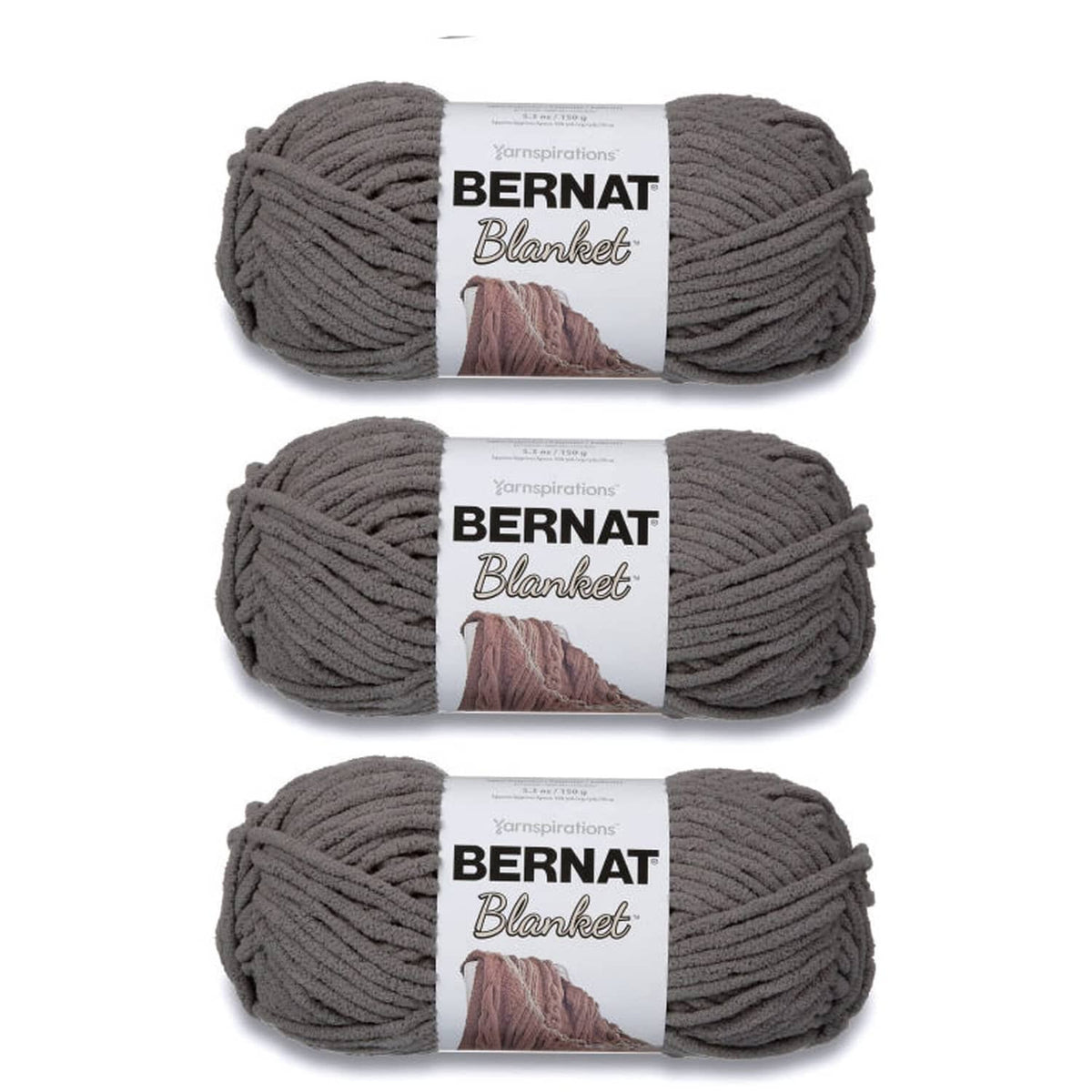 Dark gray Bernat Blanket yarn skeins, 3-pack bundle with label