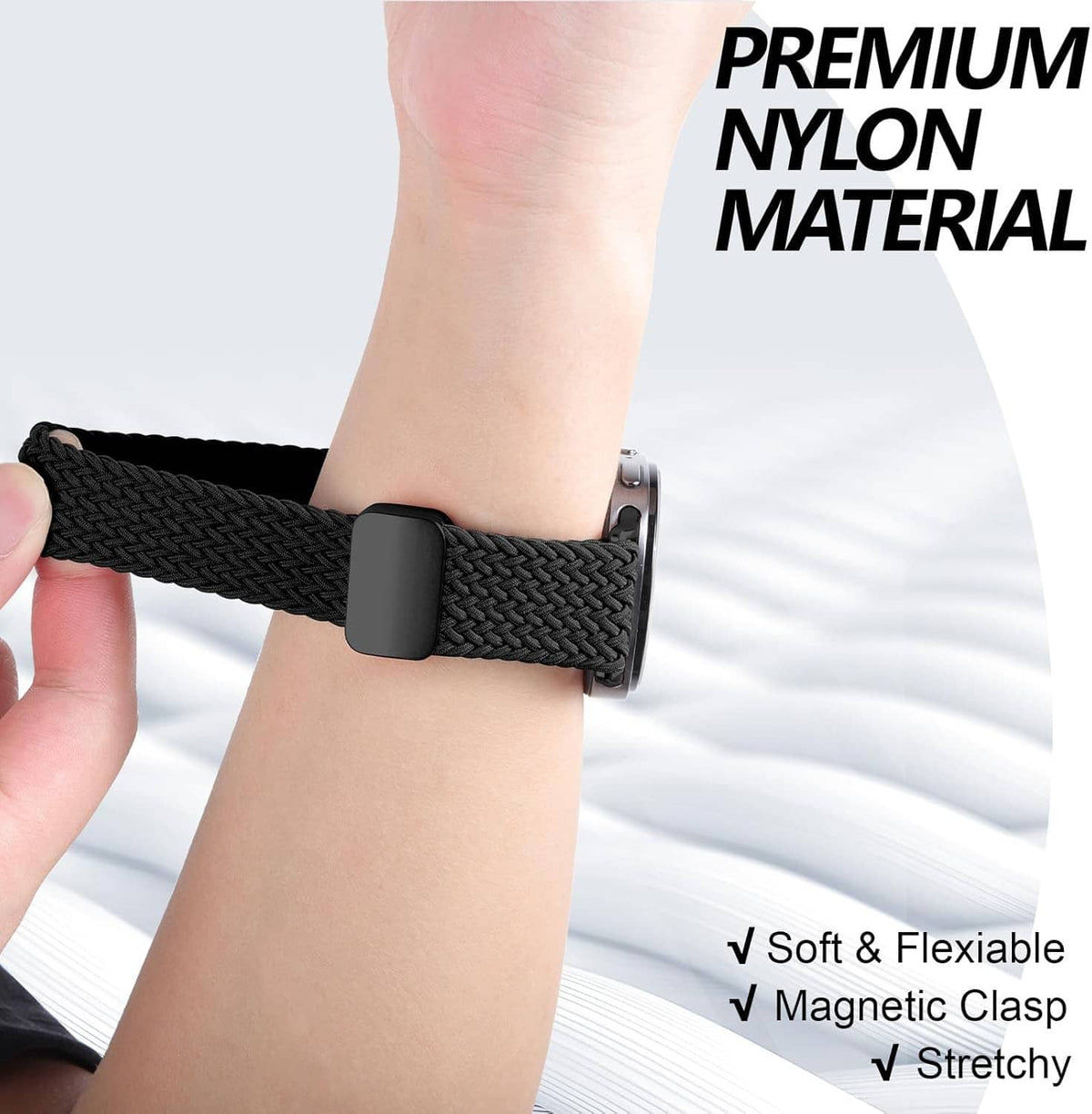 Black braided nylon watch band with magnetic clasp, shown on wrist