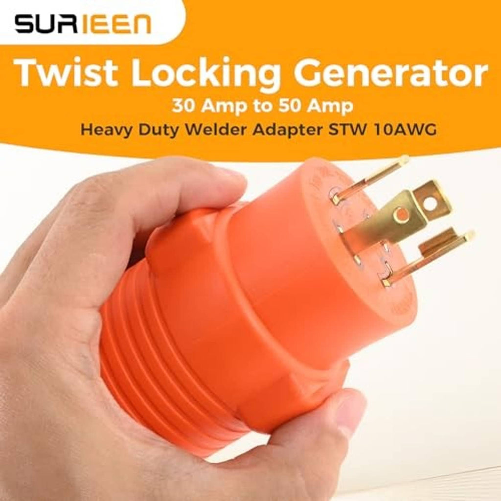 Orange twist-lock generator welder adapter plug held in hand with brass prongs