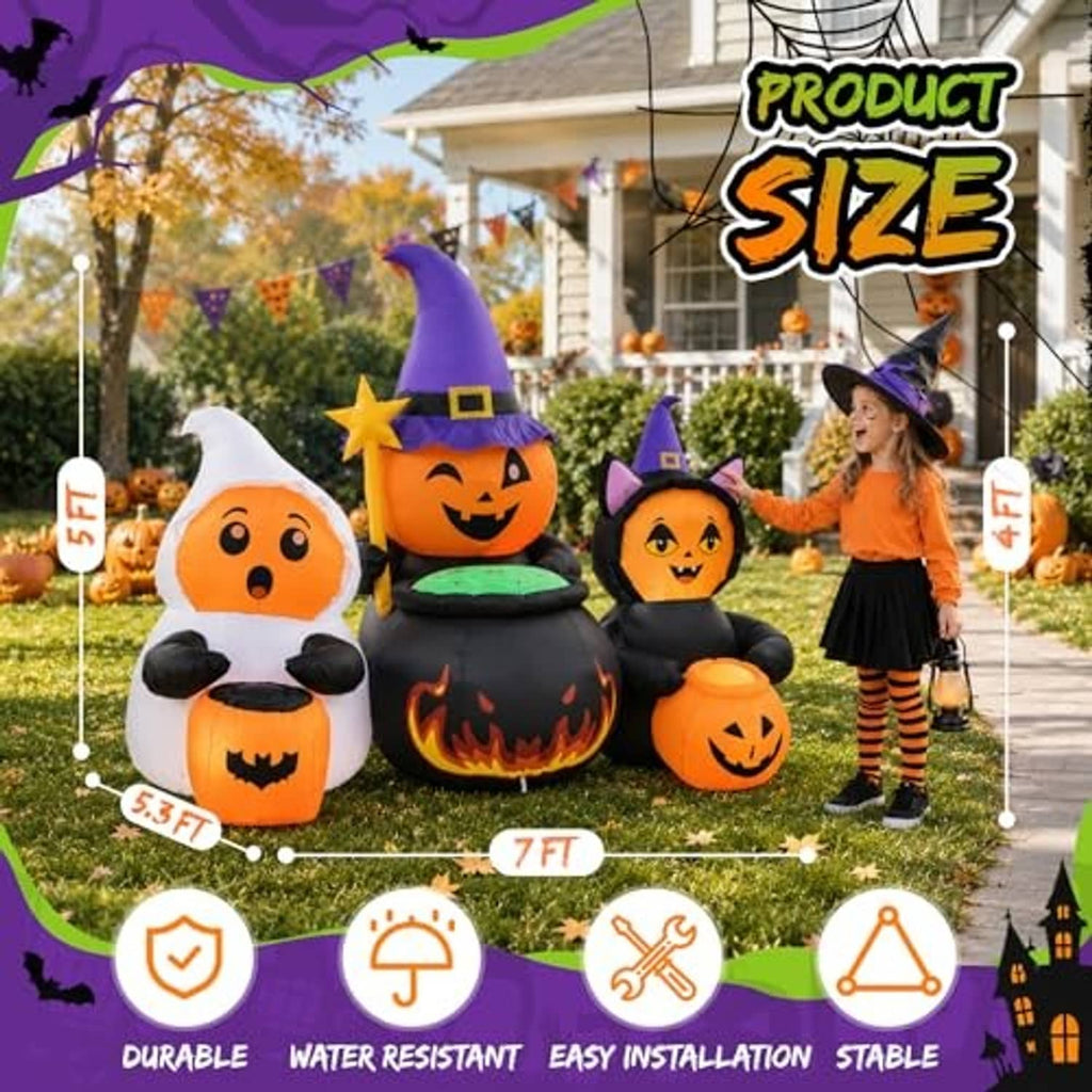 Outdoor Halloween inflatable set with witch hat cauldron, pumpkin bucket, and child nearby