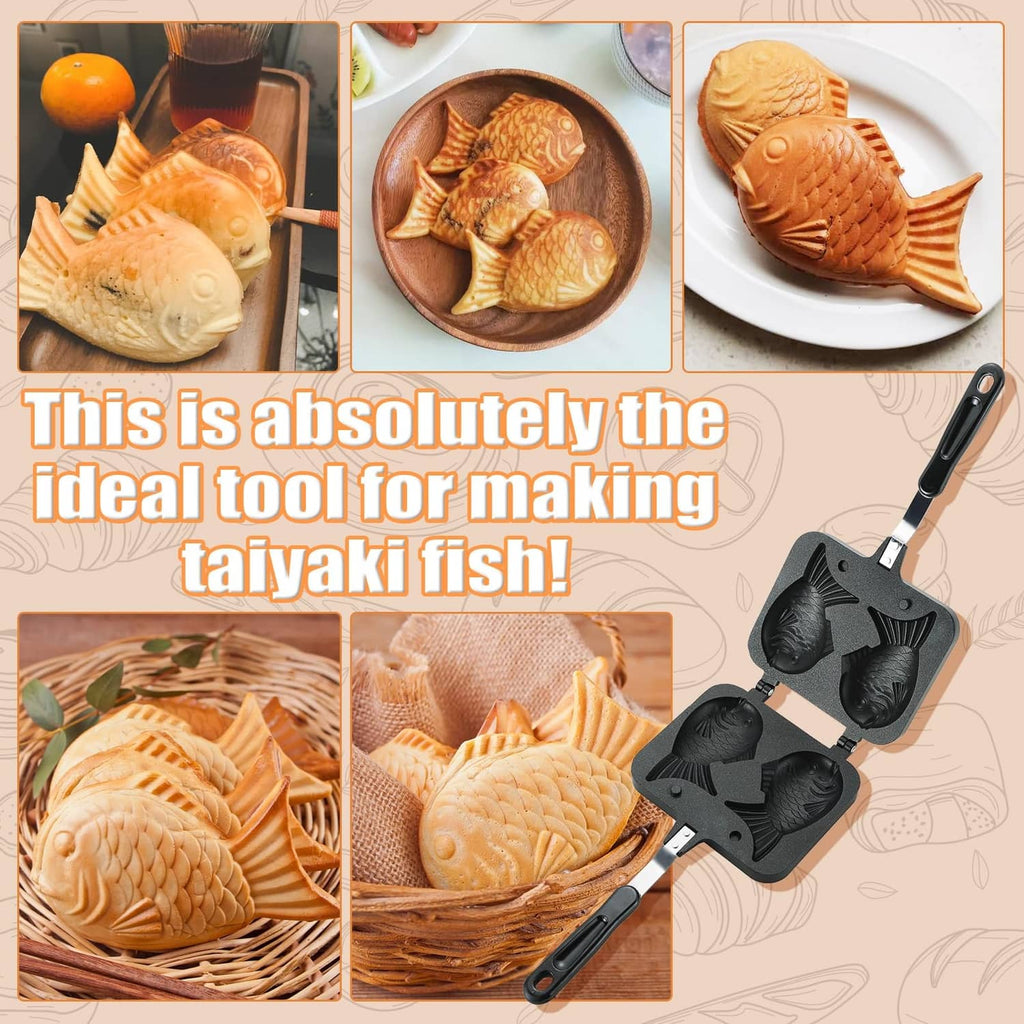 Fish-shaped taiyaki pastries with open black fish waffle maker mold plates