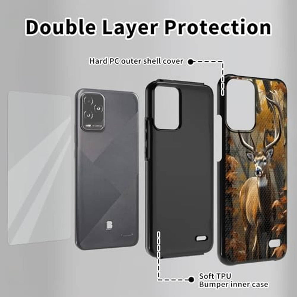 Two-layer deer camouflage phone case with hard shell and soft TPU bumper, black.