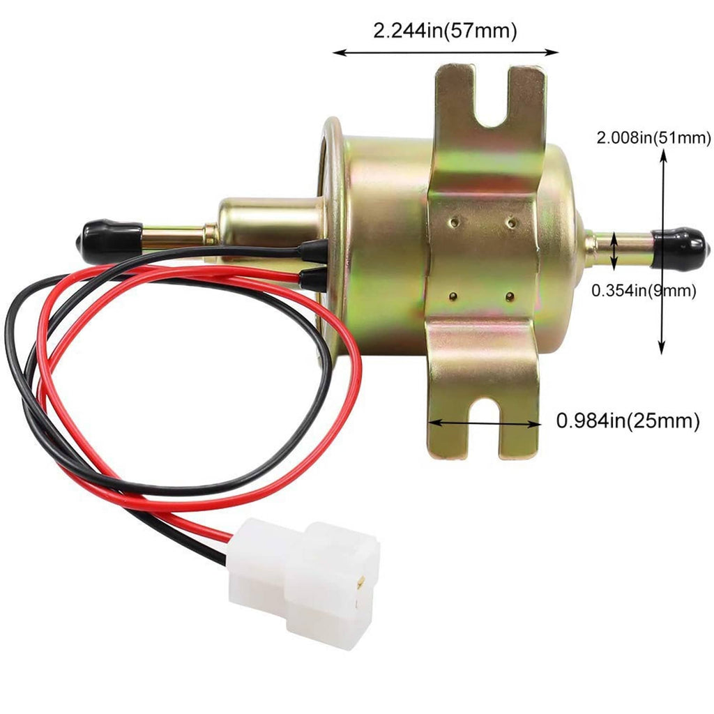 12V electric fuel pump with gold metal body and terminals, includes red/black wiring harness