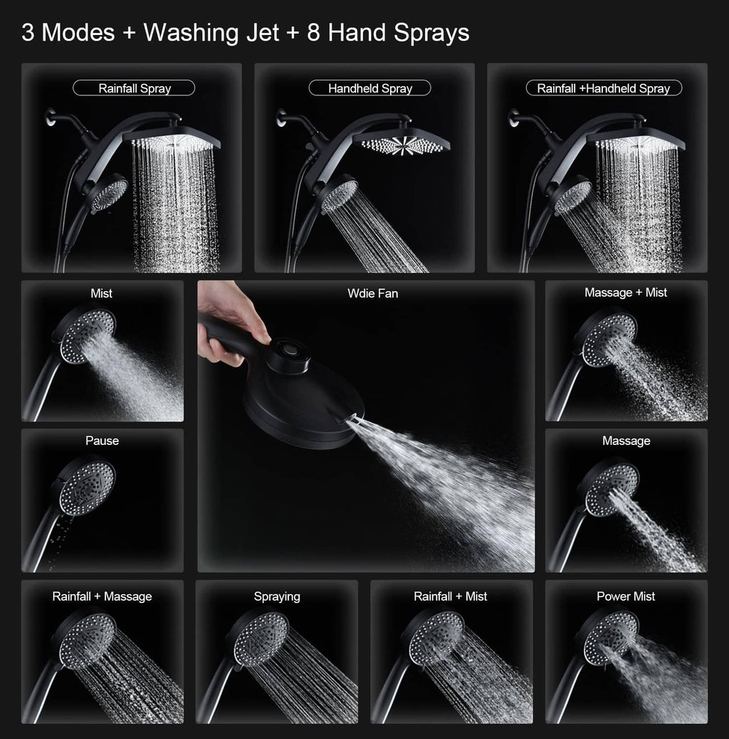 Black shower head system showing multiple spray modes: rain, mist, massage, pause