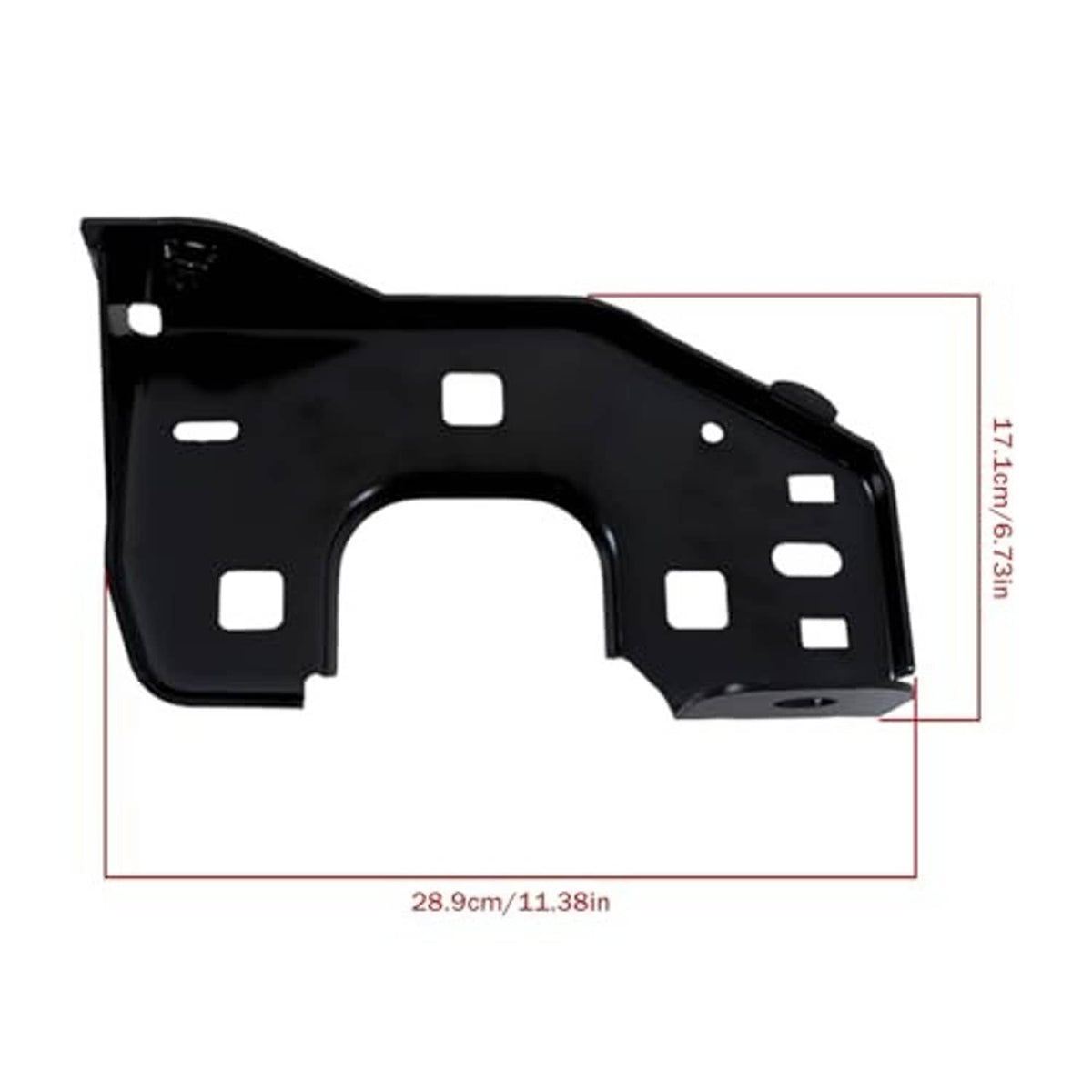 Black front bumper bracket retainer, steel panel with mounting holes, measured length