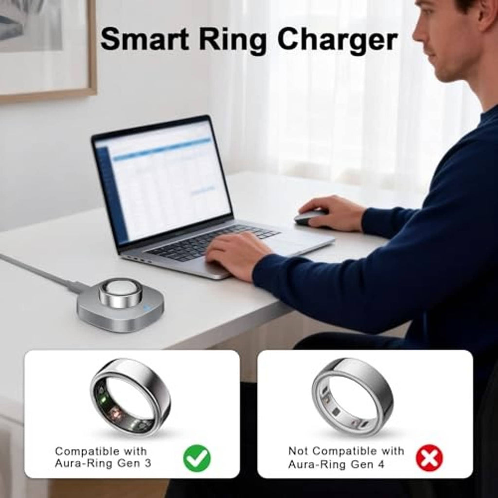 Smart ring charging dock on desk with USB-C cable and circular charging cradle