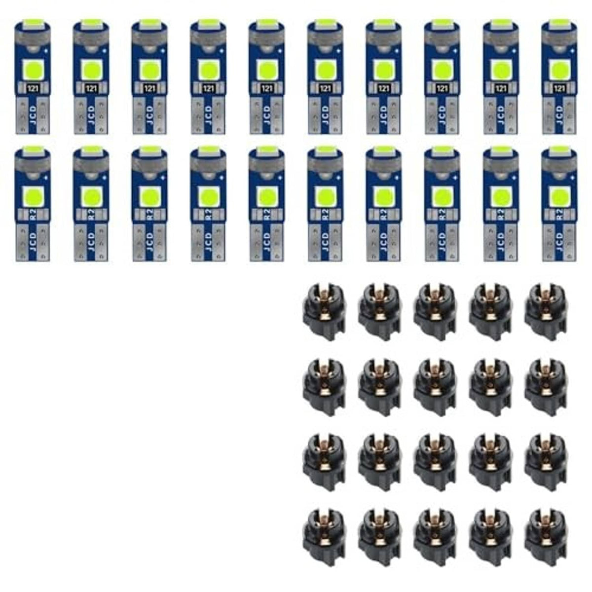 Multiple blue LED bulbs with green chips and gray socket bases, bulk set