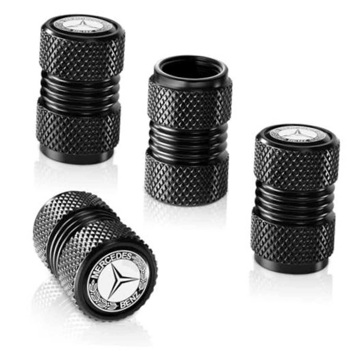Black textured tire valve stem cap covers with Mercedes-Benz star logo, set of 3