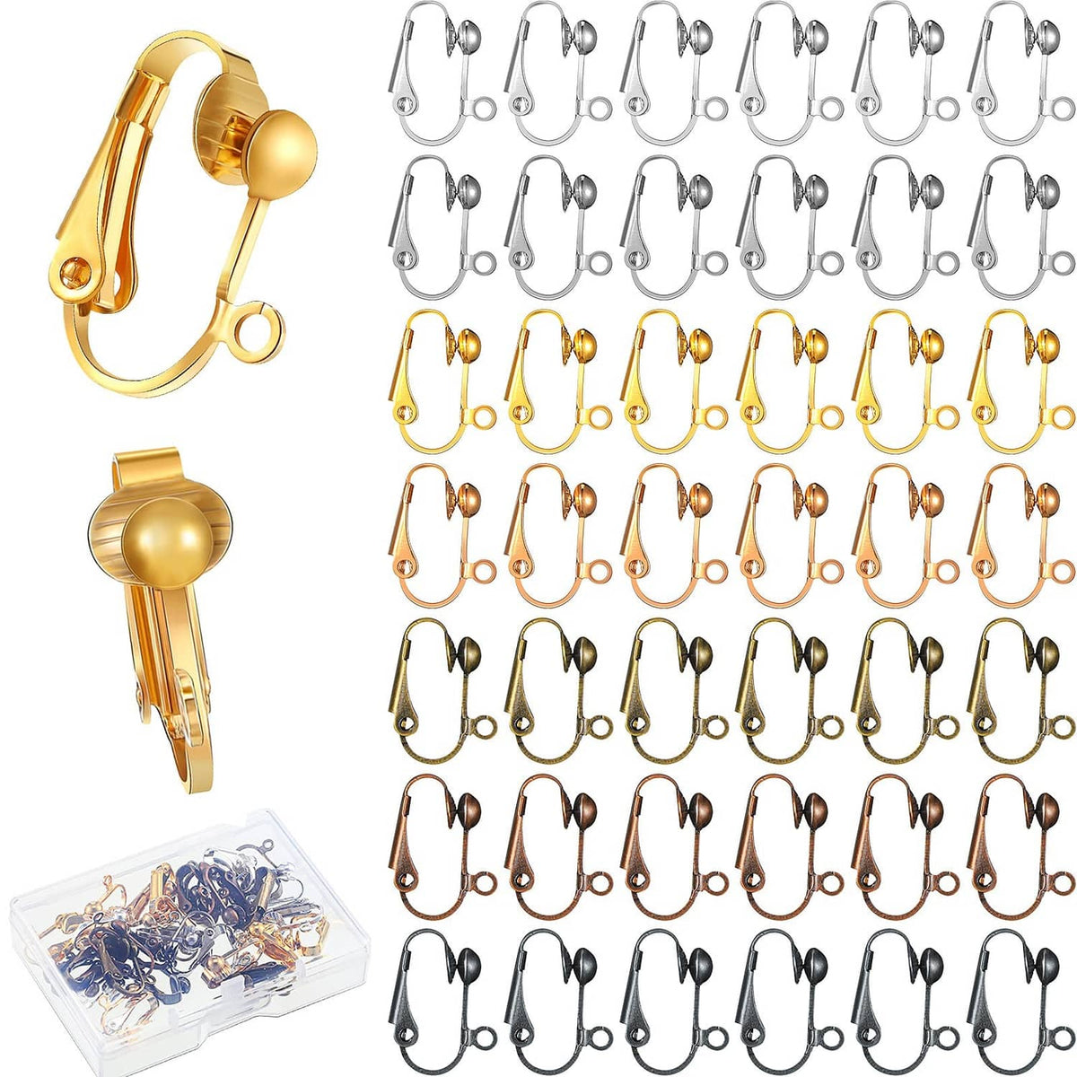 Assorted clip-on earrings in gold and silver tones with round ball accents