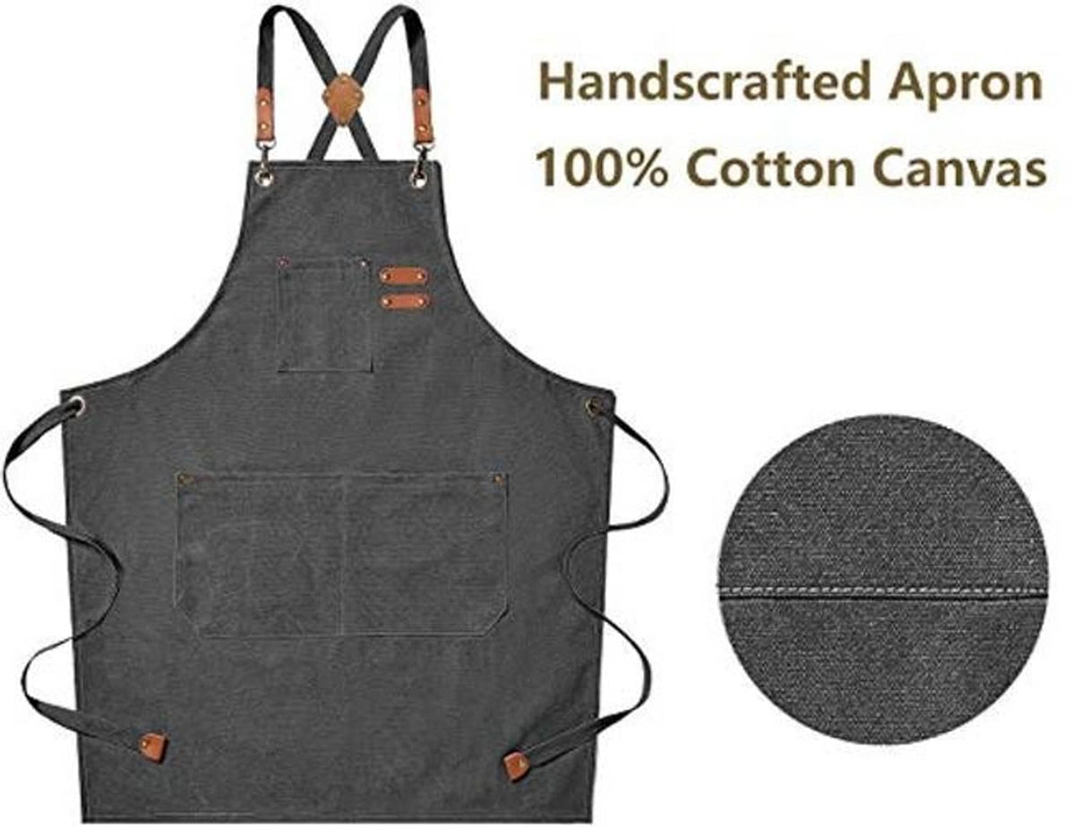 Men's grey 100% cotton canvas cross-back apron with two front pockets