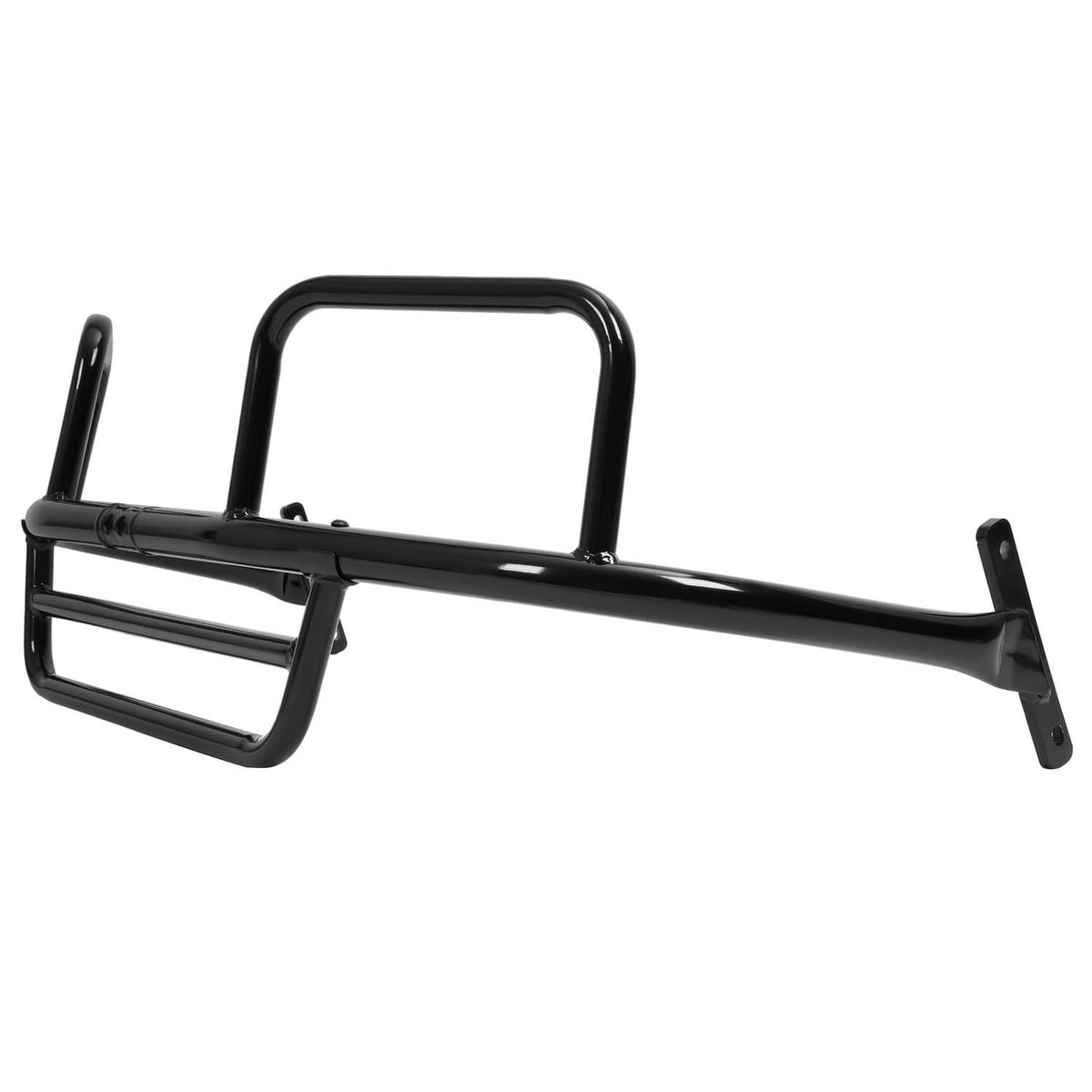 Black steel front brush guard frame with side hoops and lower protective panel