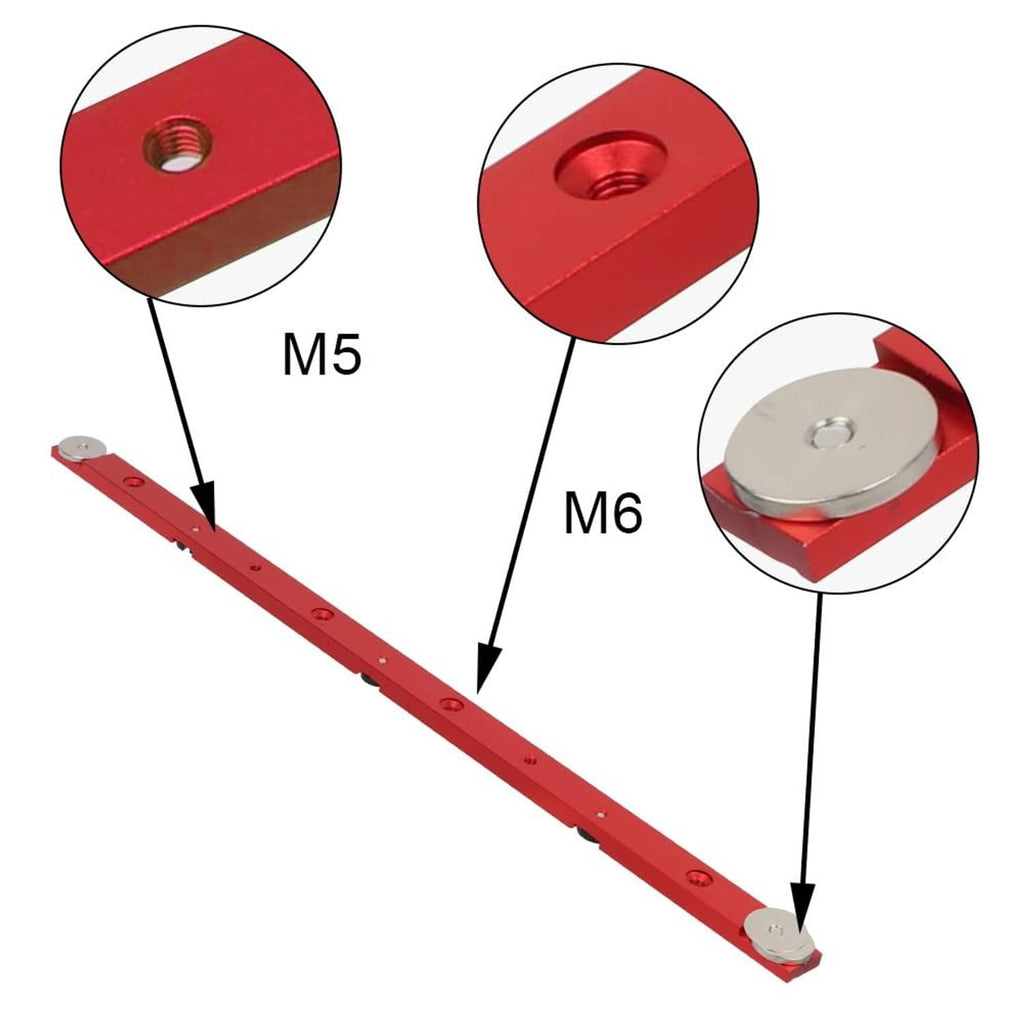 Red miter bar clamp showing M5 and M6 mounting points and base plate