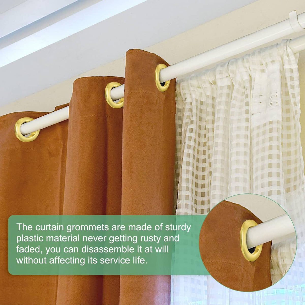 Coffee curtain grommets threaded on rod for hanging curtain panels