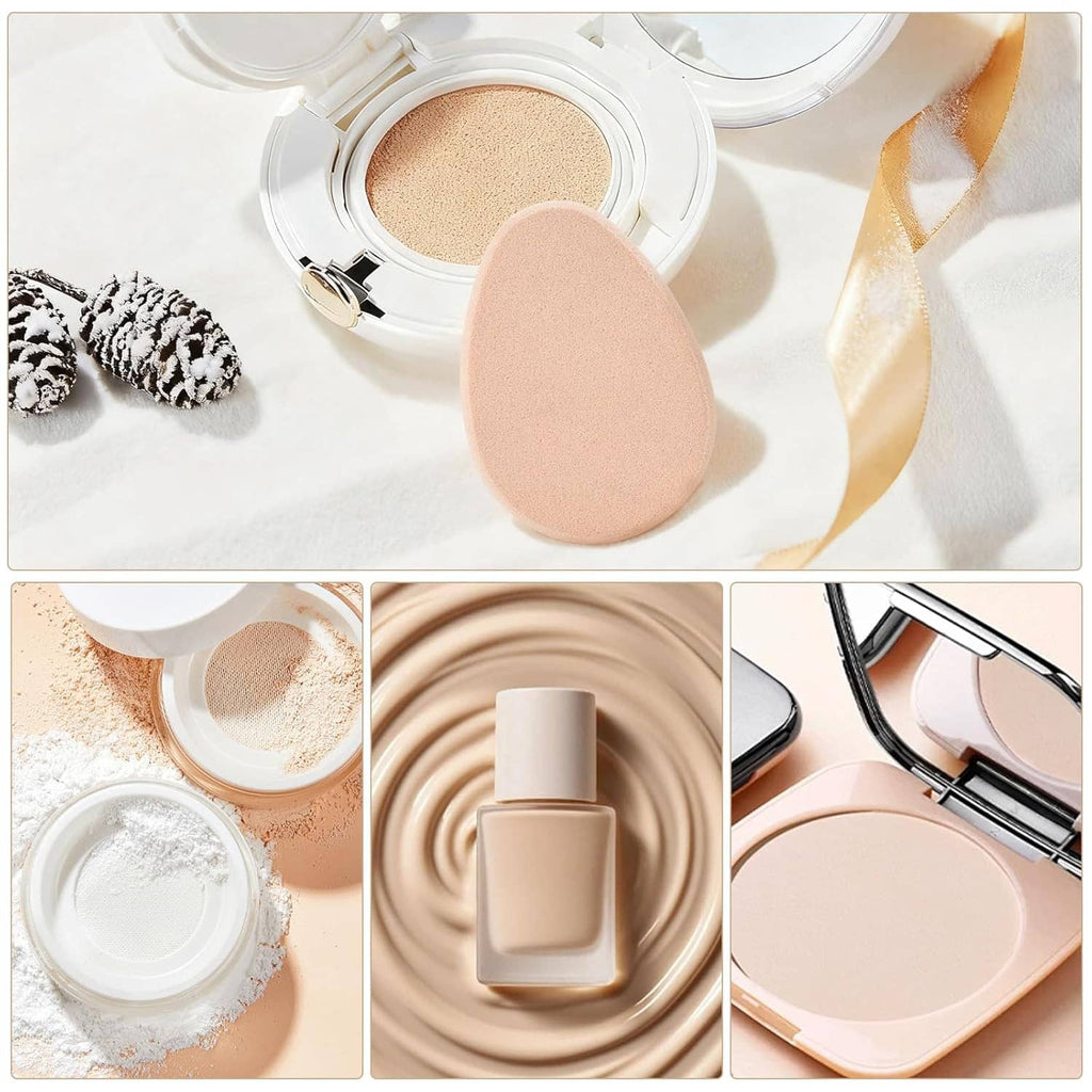 Beige teardrop makeup sponge on a vanity with foundation and powder nearby