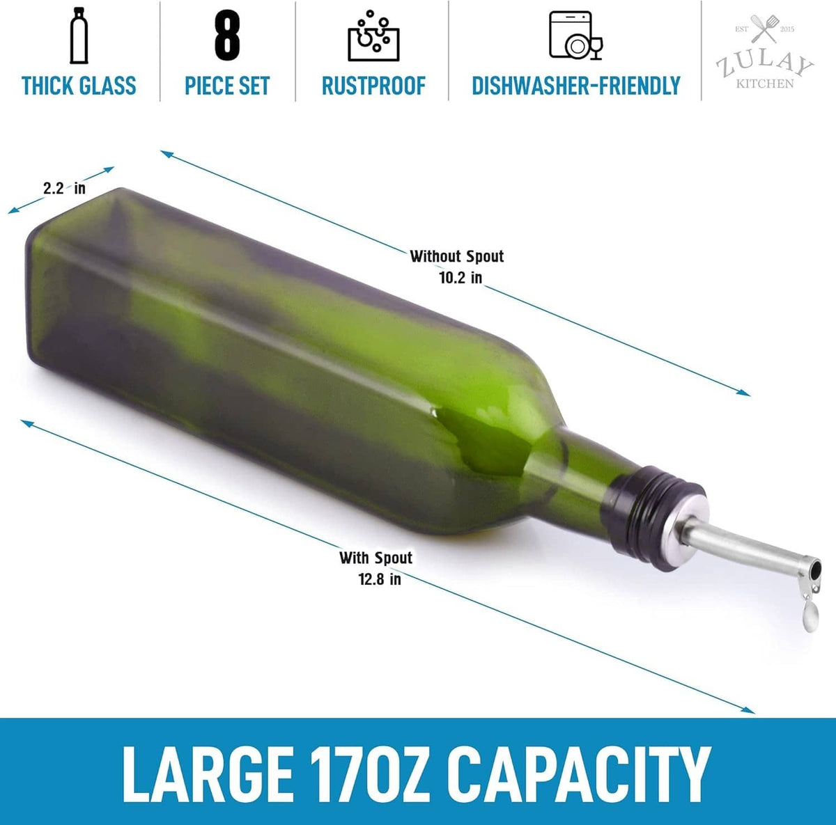 Olive oil dispenser bottle with stainless spout and dark green glass, 17oz capacity