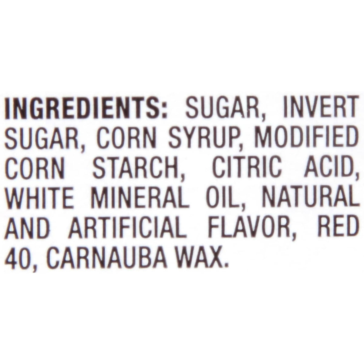 Ingredients list for red gummy fish candy: sugar, corn syrup, citric acid