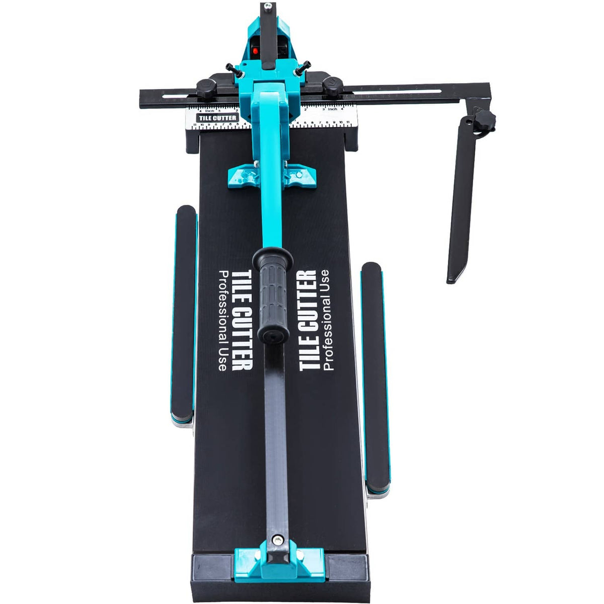 Manual tile cutter with black base, teal frame, long rails and side handles