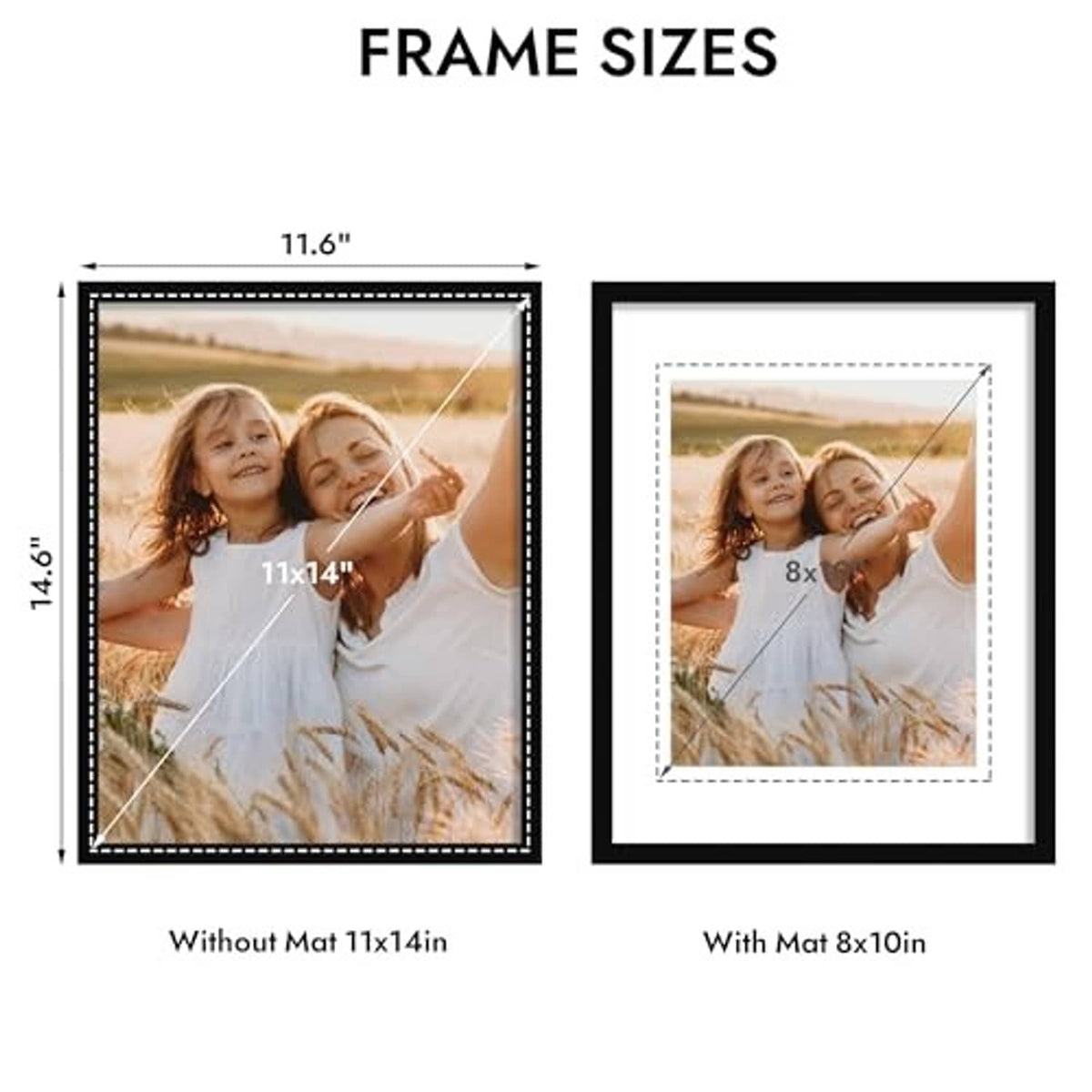 Diagram of a black picture frame layout showing 11x14 size and mat option