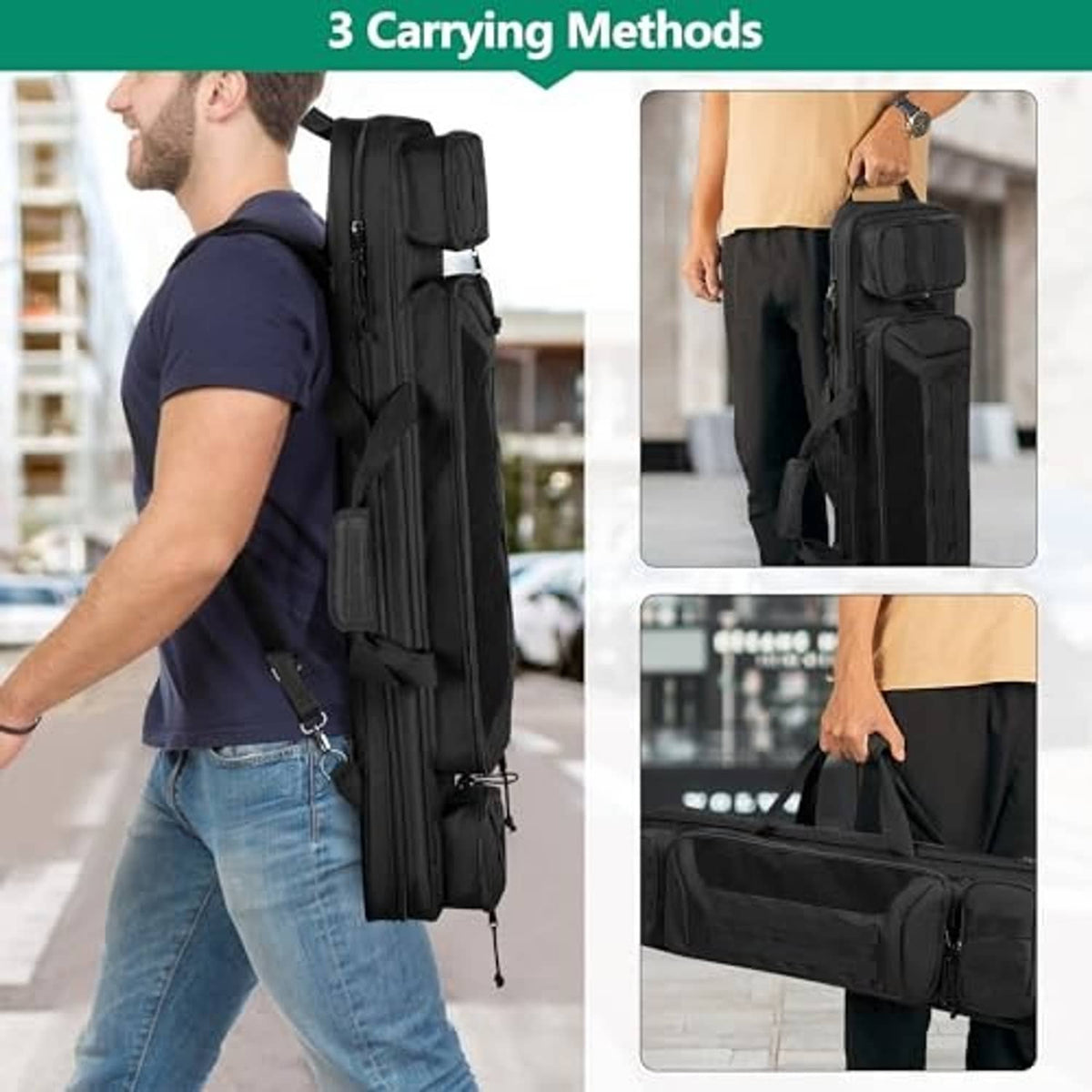 Black cue case backpack worn on shoulder or carried with side handle