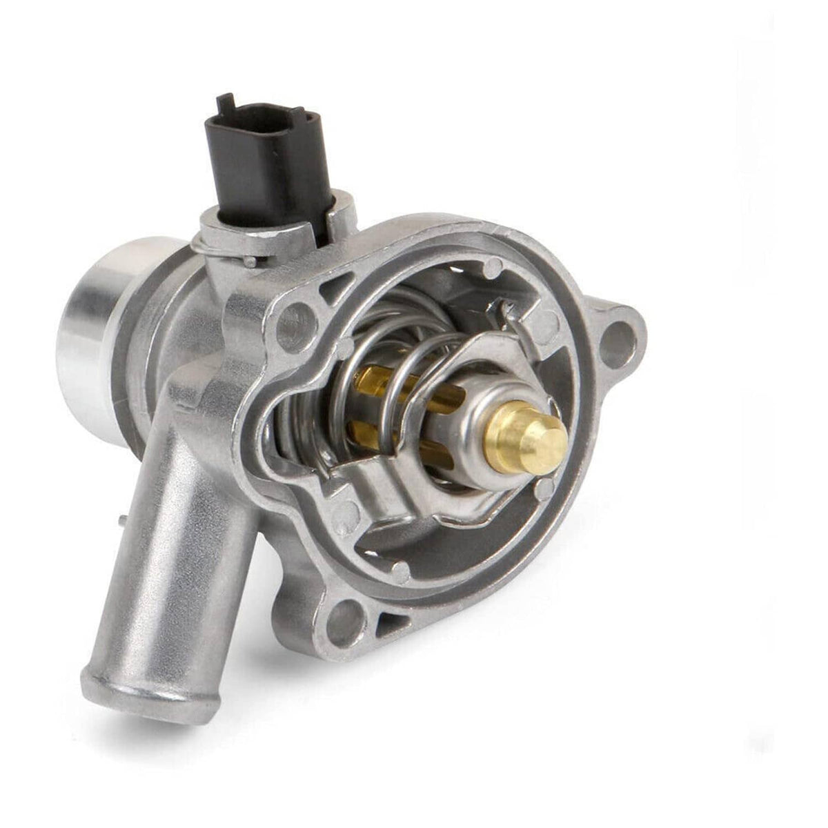Thermostat housing assembly with visible spring valve interior and black electrical connector