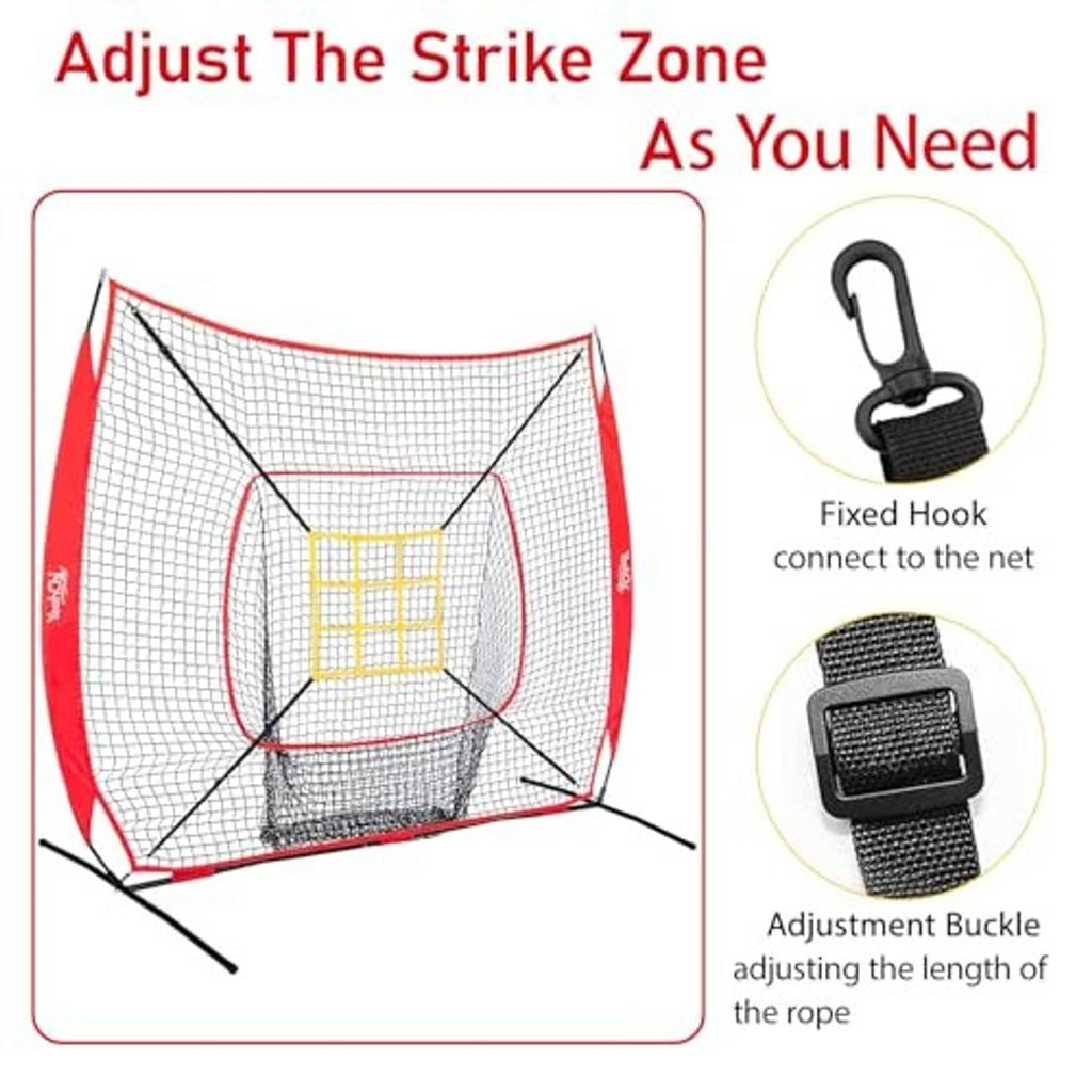 Baseball pitching net with adjustable strike zone area and yellow target grid