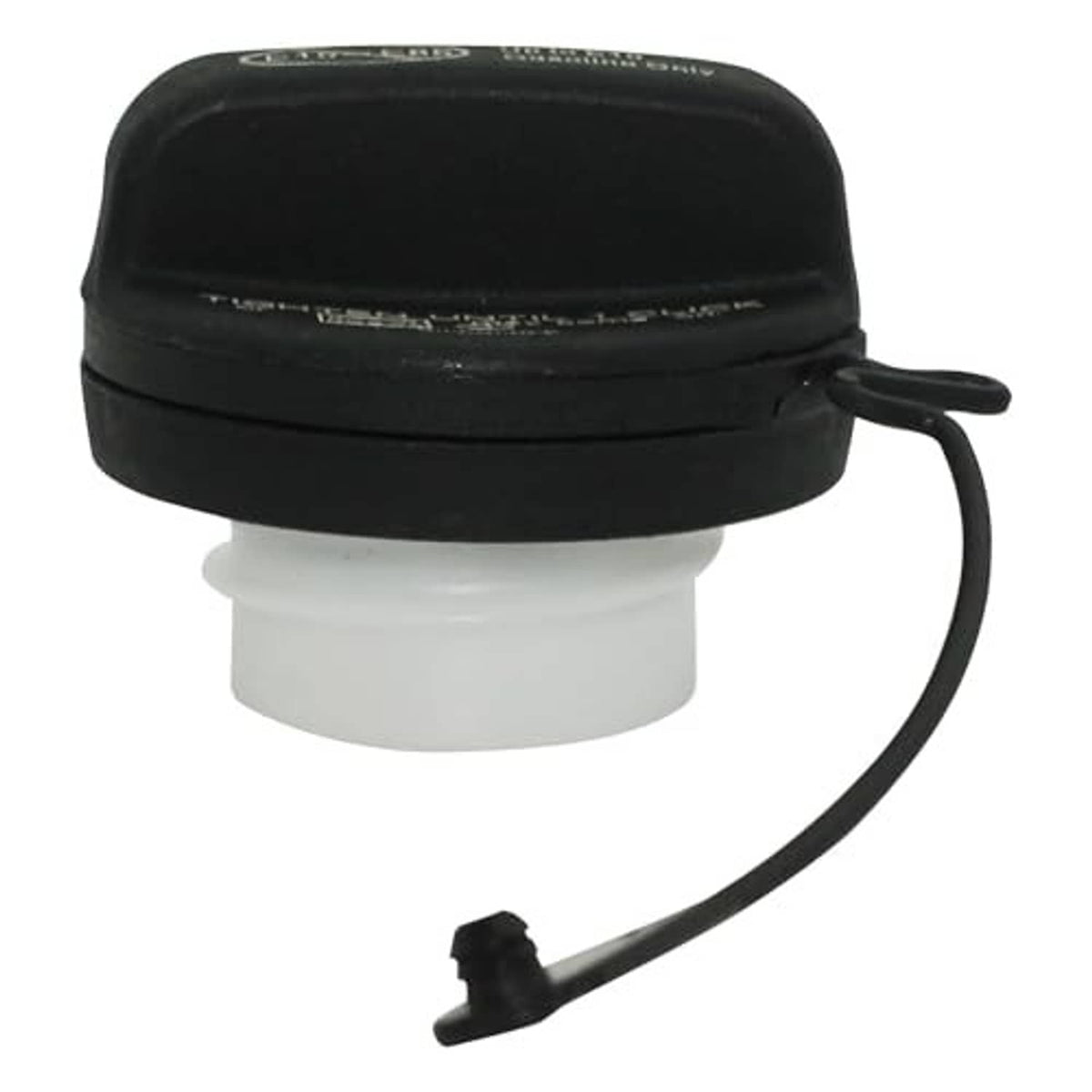 Black fuel tank gas cap with tether and visible white underside base