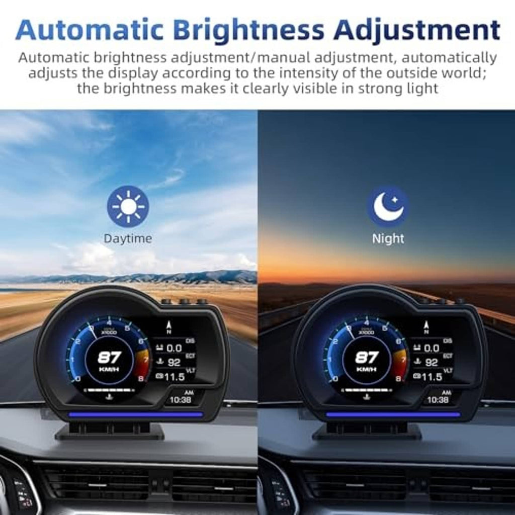 In-car black OBD2 GPS HUD smart gauge with blue backlit display for day and night modes