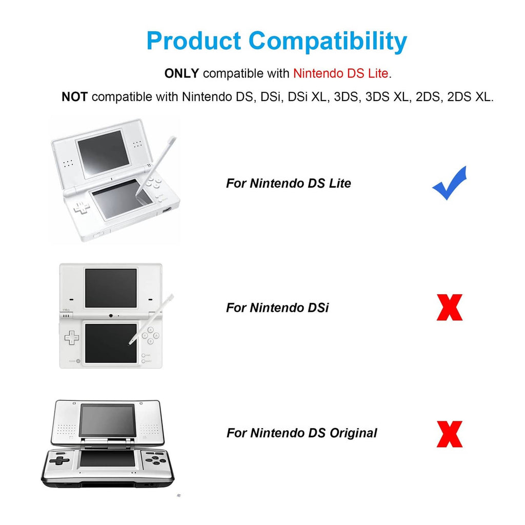DS Lite compatibility chart: supported for Nintendo DS Lite, not for other DS models