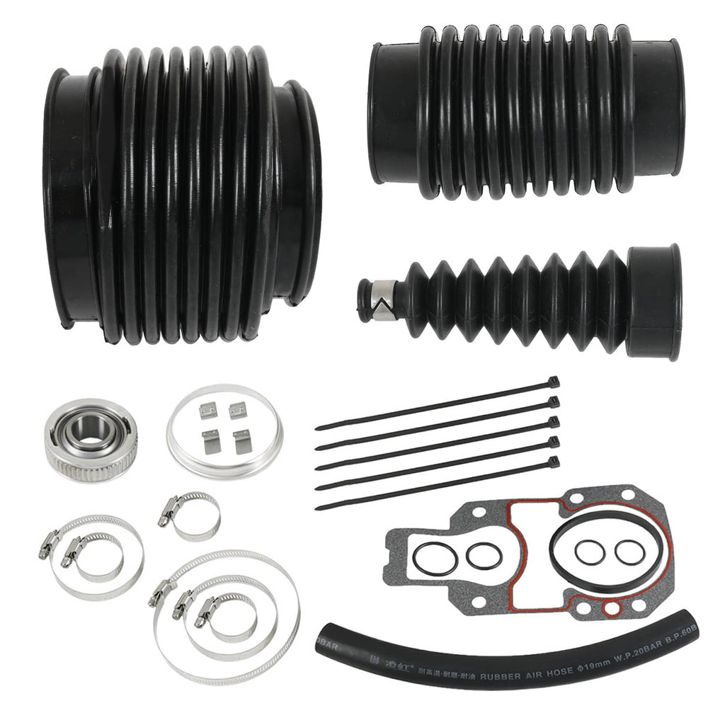 Outboard bellows repair kit close-up: black boots, O-rings, clamps, and gasket