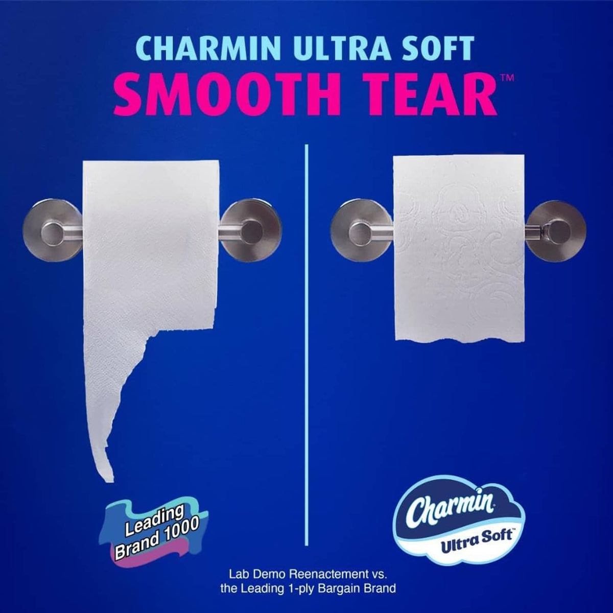 Charmin Ultra Soft toilet paper roll sheets with Smooth Tear split graphic