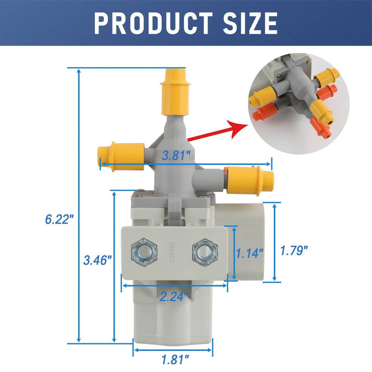 Fuel tank selector valve assembly with 6 ports in a dimensioned diagram view