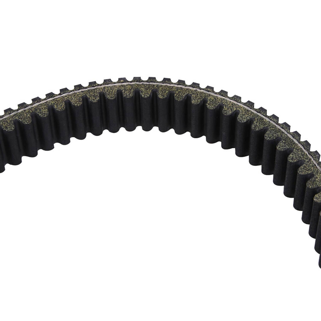 Black toothed drive belt with ribbed gear pattern, close-up