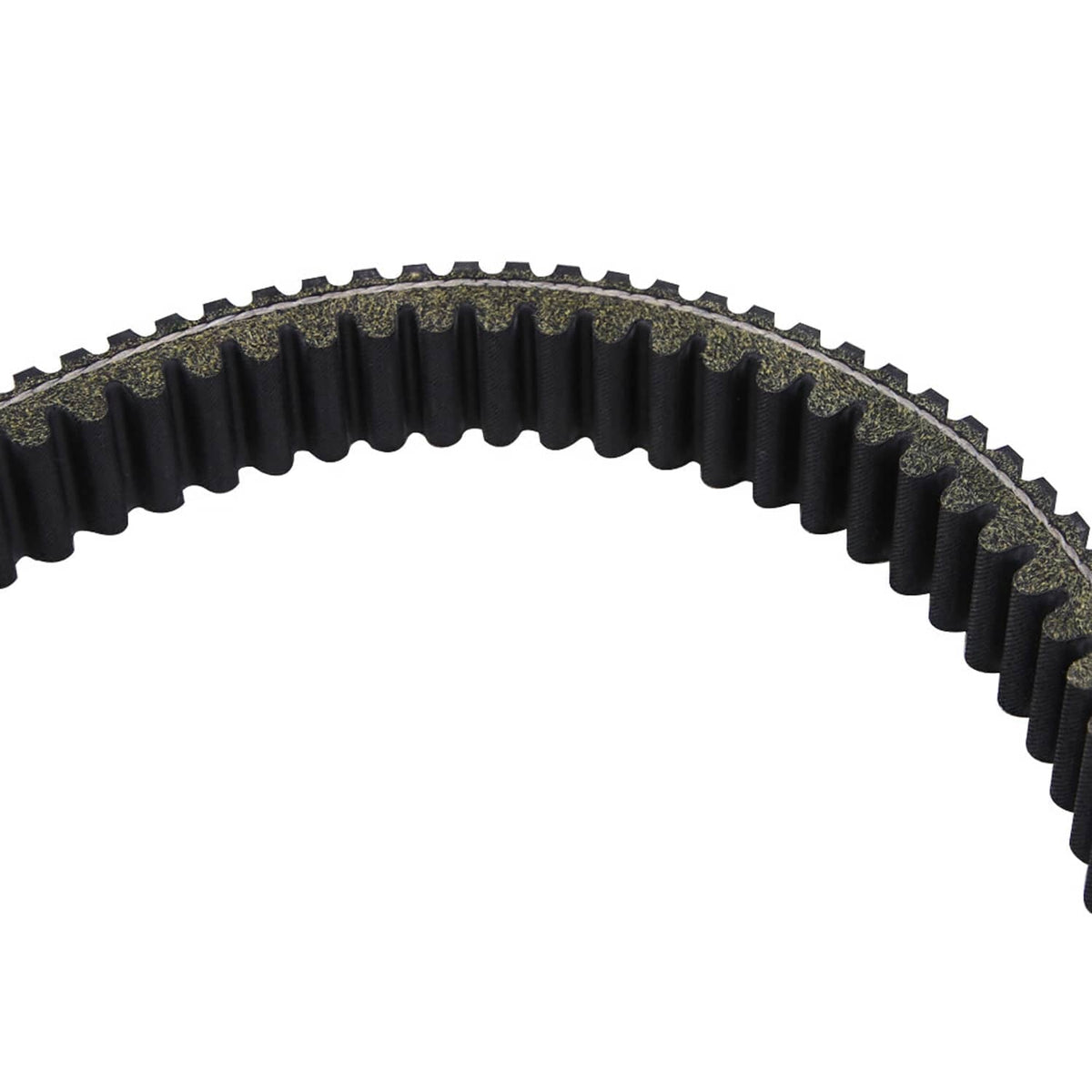 Black toothed drive belt with ribbed gear pattern, close-up