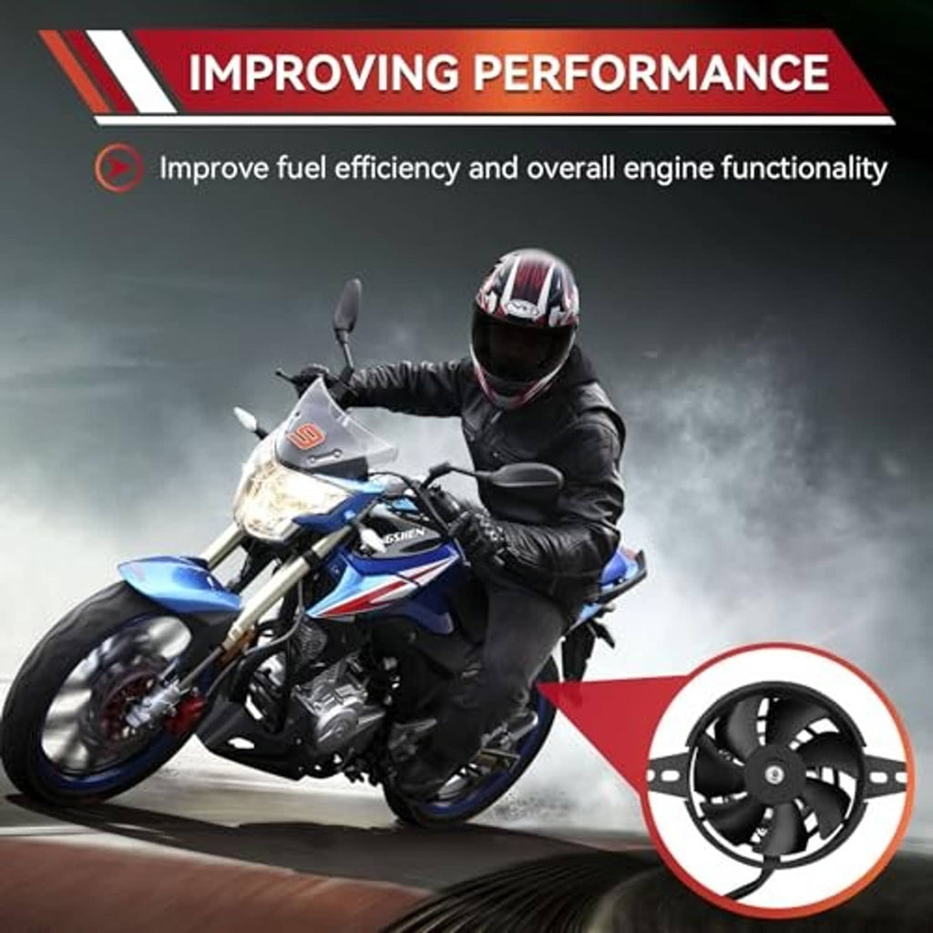 Electric motorcycle cooling fan inset with four black blades and wiring harness