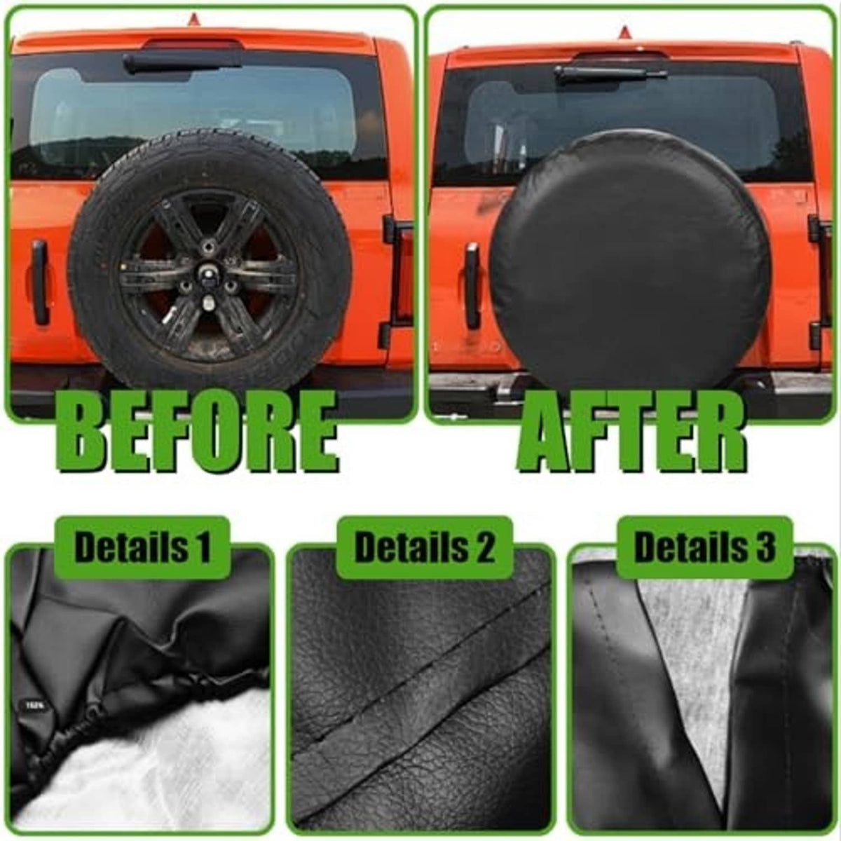 Black spare tire cover fitted on a vehicle’s rear spare wheel
