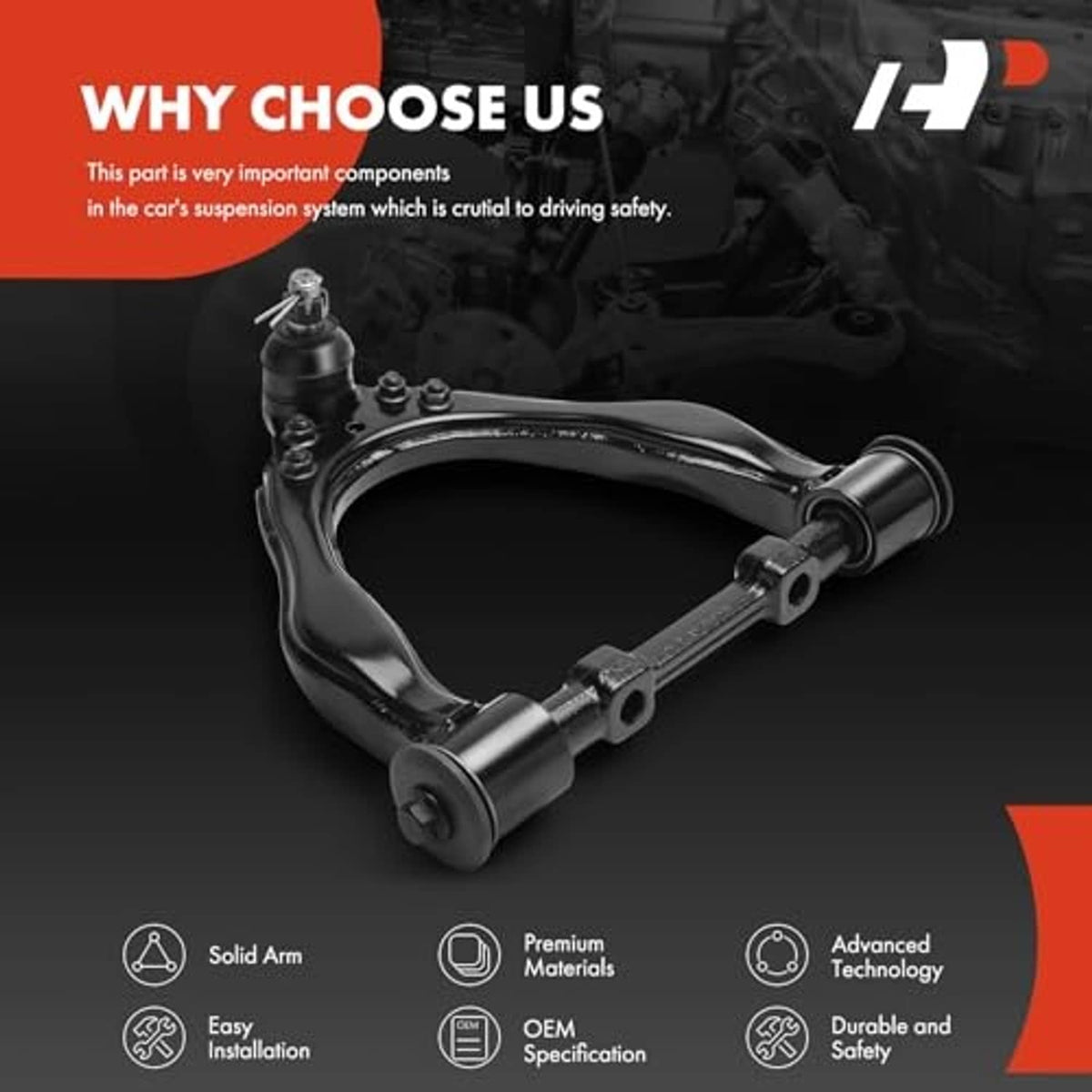 Front left upper control arm with ball joint and bushings, black steel assembly