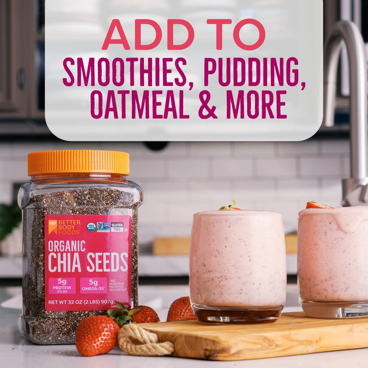 Organic chia seeds jar with orange cap beside smoothies in glasses on wooden tray