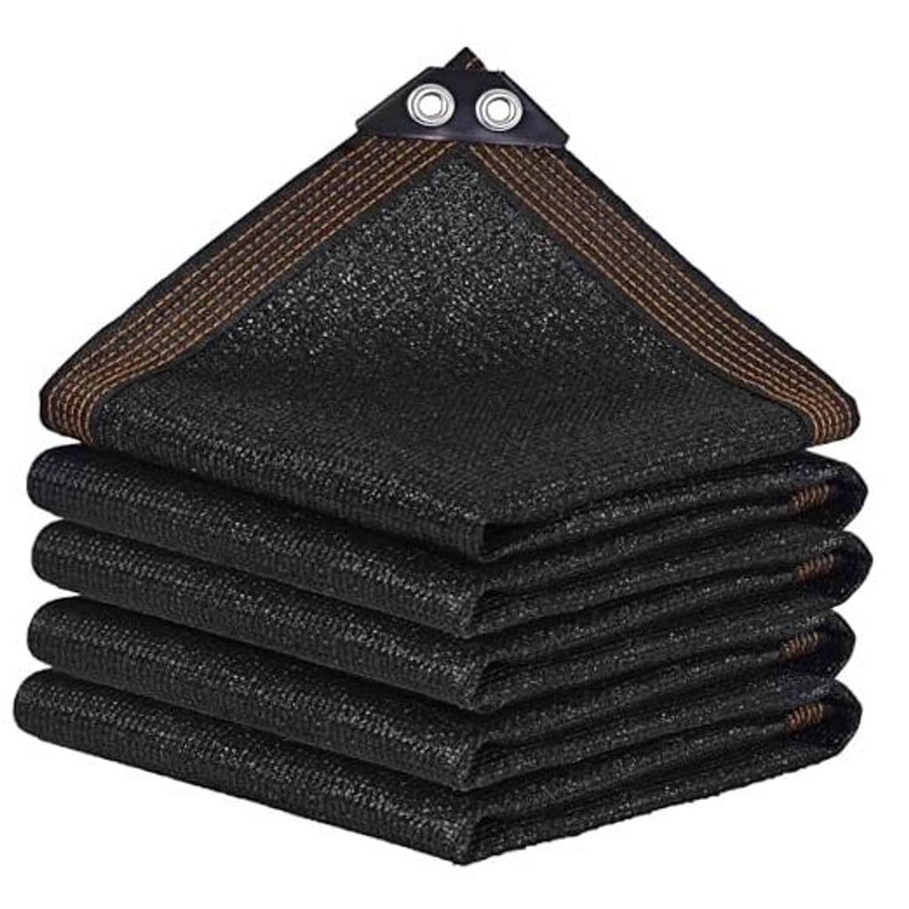 Black shade cloth mesh tarp, folded with two reinforced grommets at the corner
