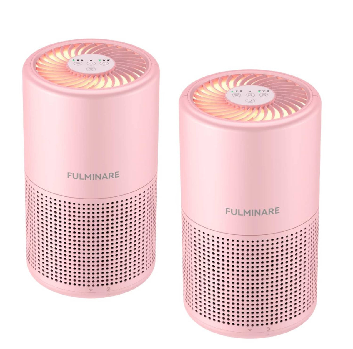 Two pink air purifiers with top fan grilles and perforated front vents