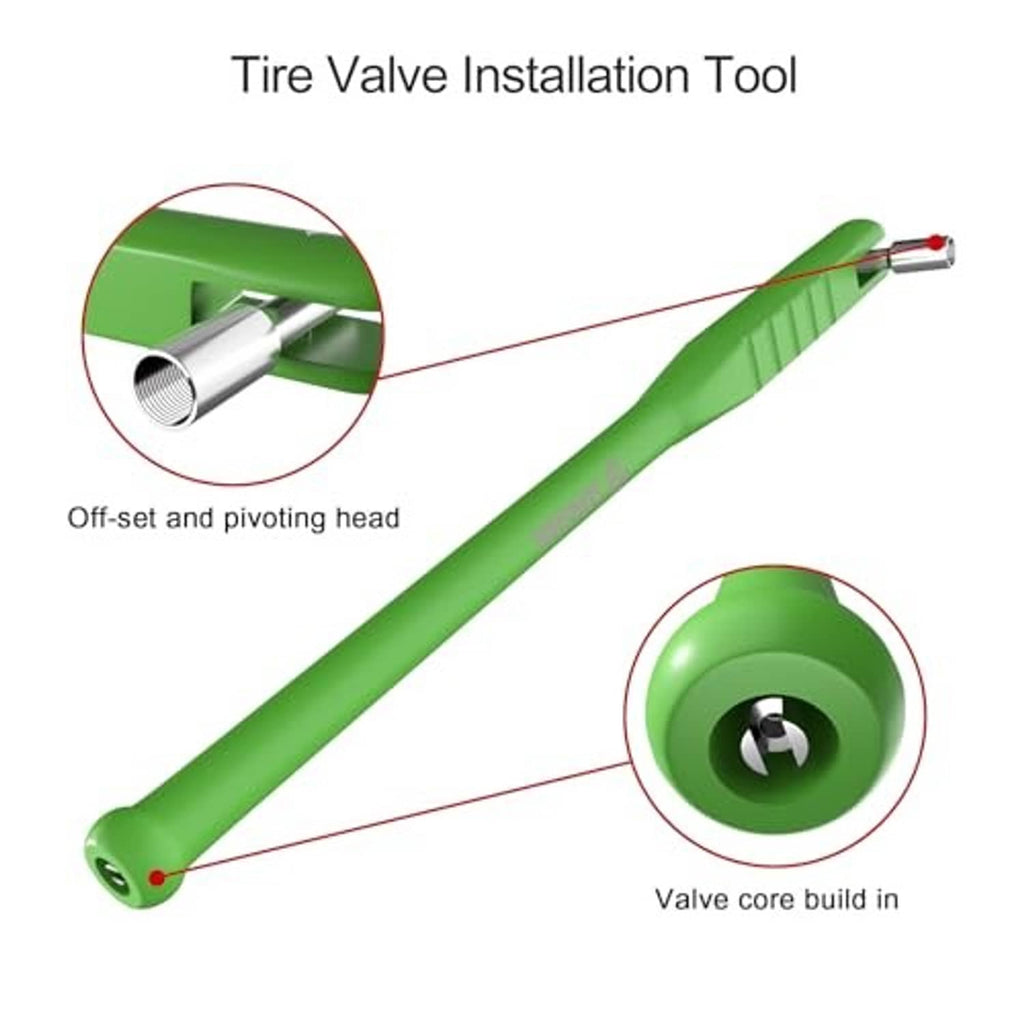 Green tire valve installation tool with pivoting head and metal connector end