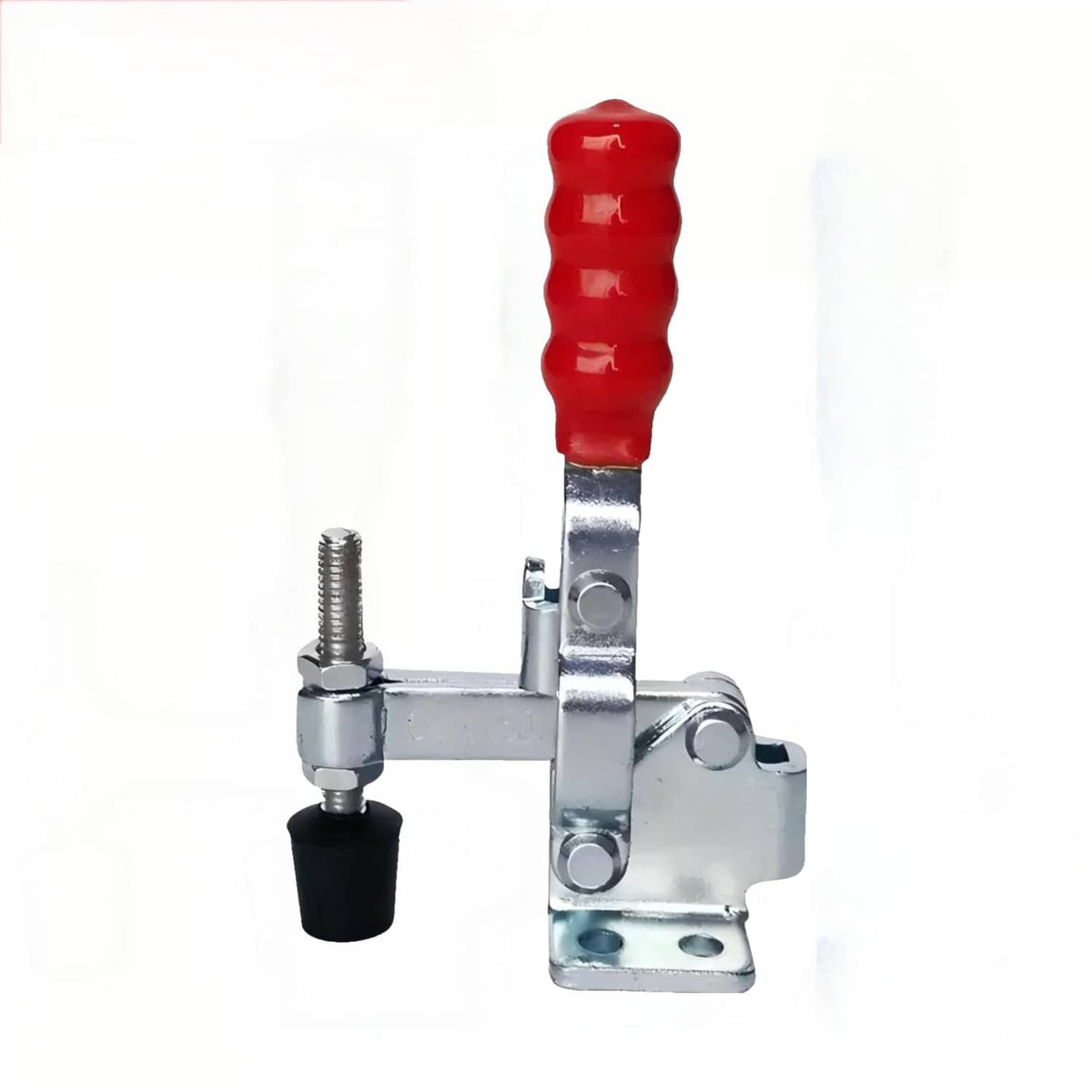 Smoker lid clamp with red handle and black grip, chrome steel mounting bracket