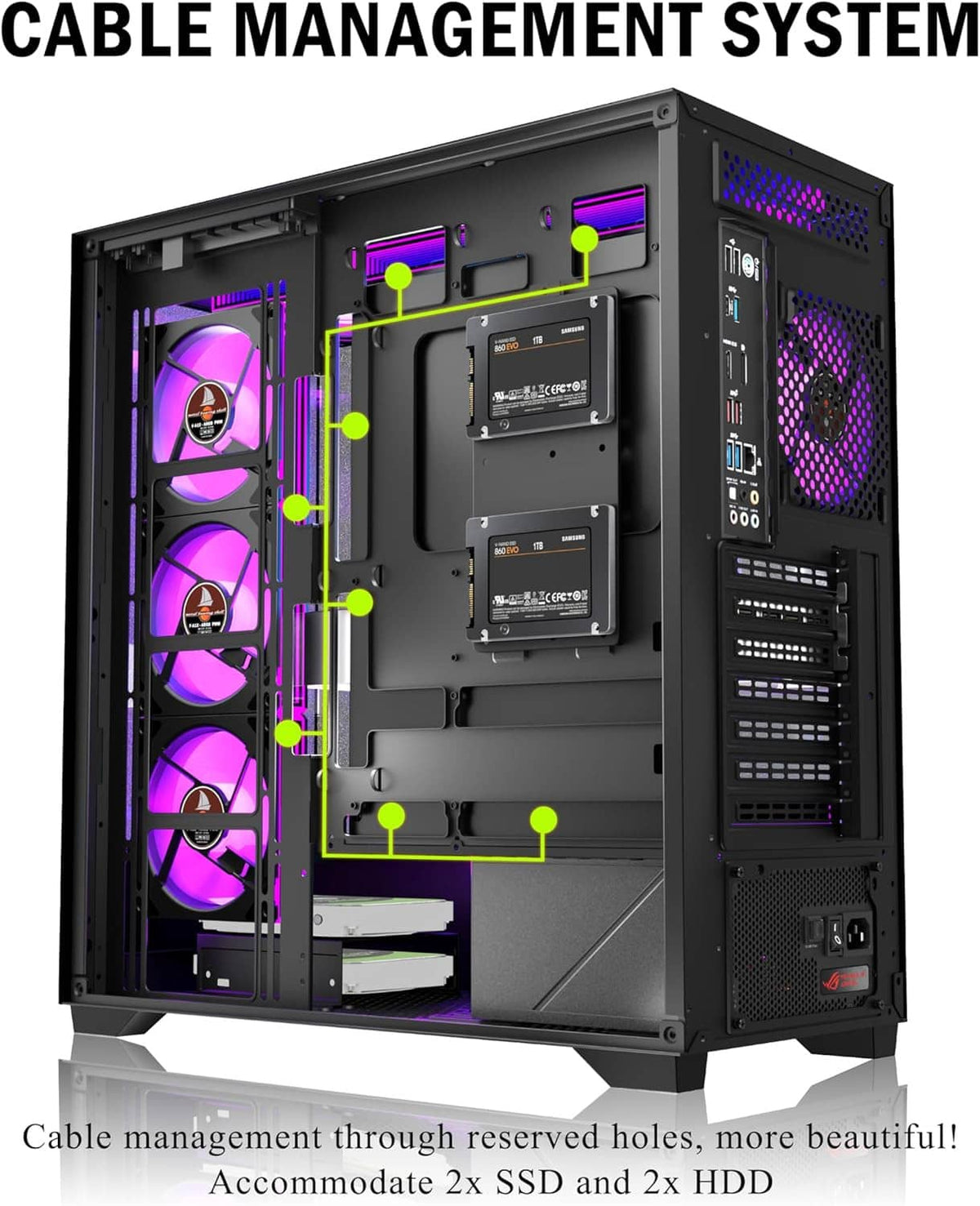 Open mid-tower PC case showing cable management routing and storage compartment