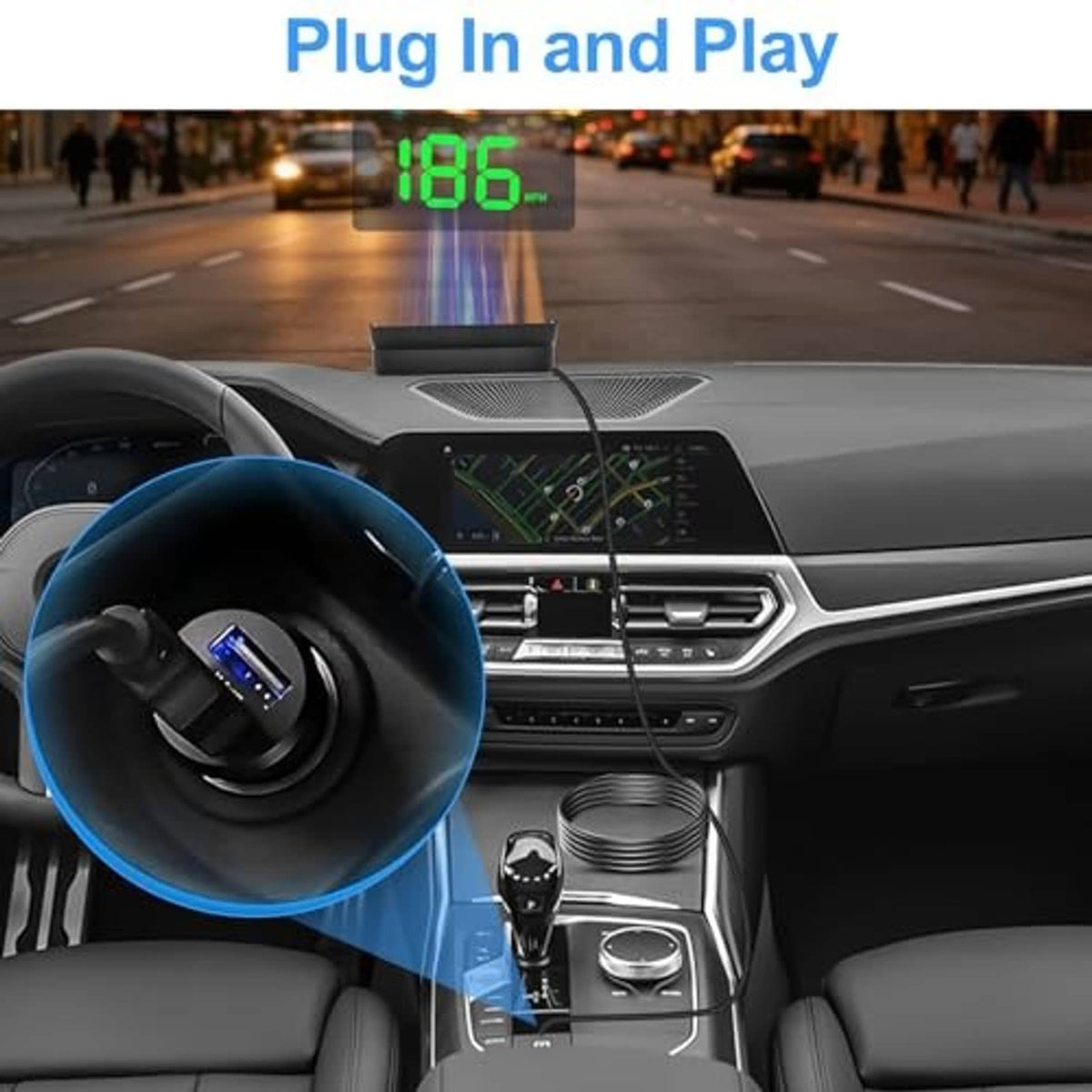 Dashboard-mounted HUD unit with green speed digits on the display