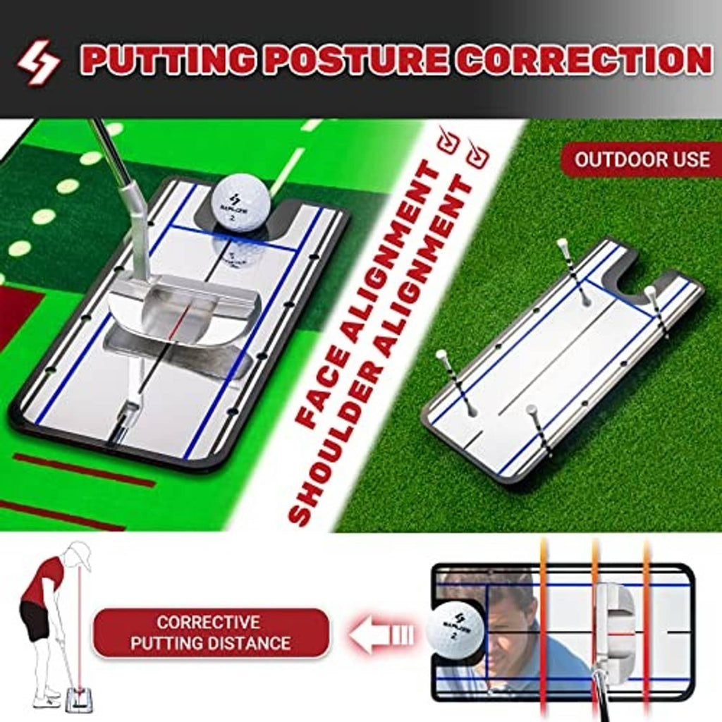 Putting practice mat with built-in alignment board and ball track lines for posture correction