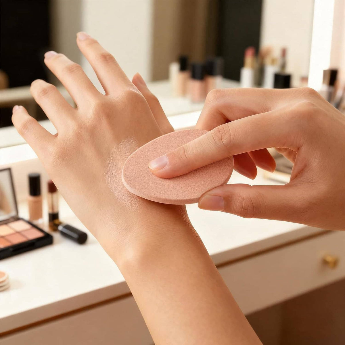Beige flat makeup sponge held in hands for applying foundation